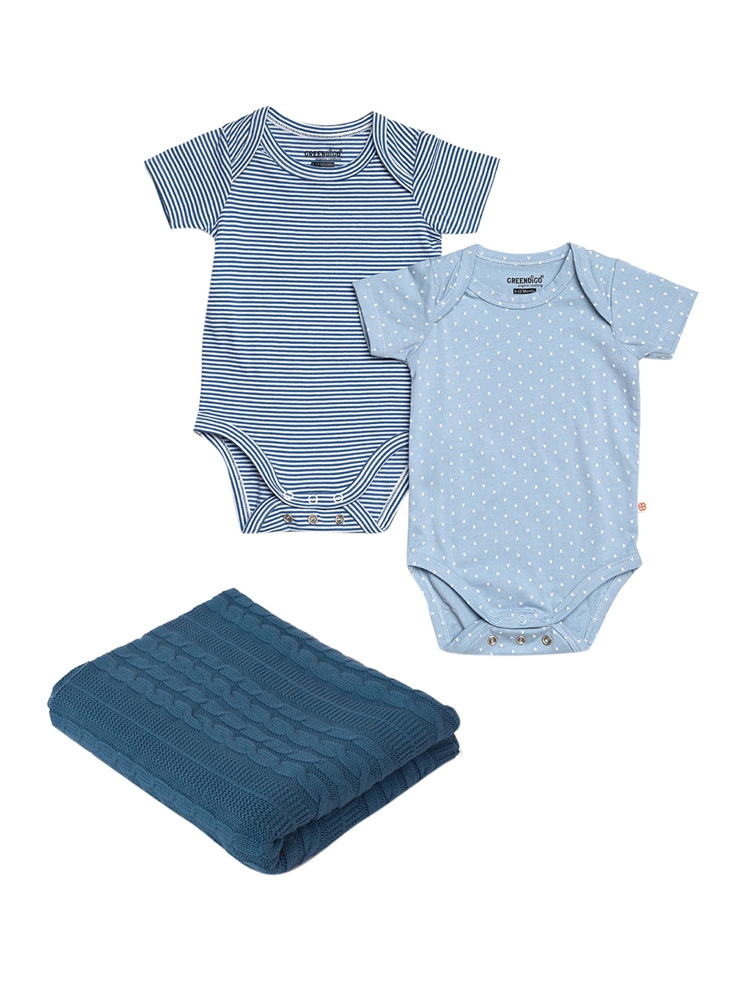 

GREENDIGO Infants Set of 3 Organic Cotton Rompers And Blanket Gift Set, Blue