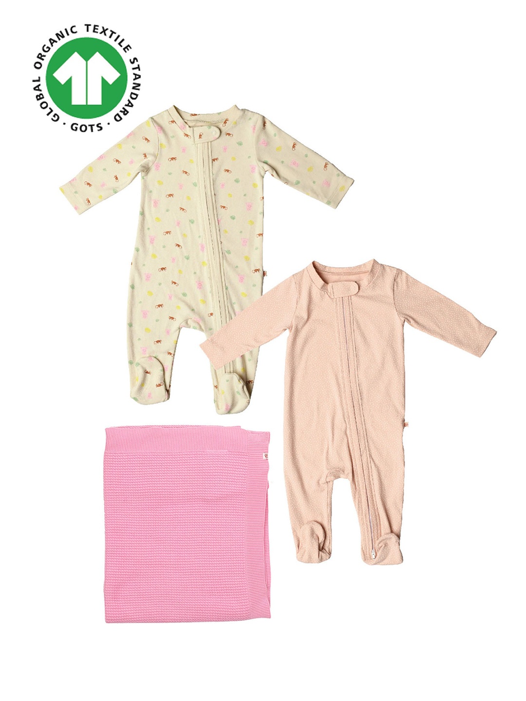 

GREENDIGO Infants Set of 3 Organic Cotton Rompers And Blanket Gift Set, Pink