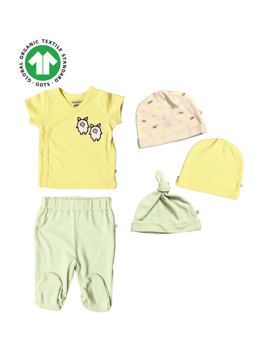 

GREENDIGO Infants Set of 5 Organic Cotton T-shirt, Leggings And Baby Cap Gift Set, Yellow