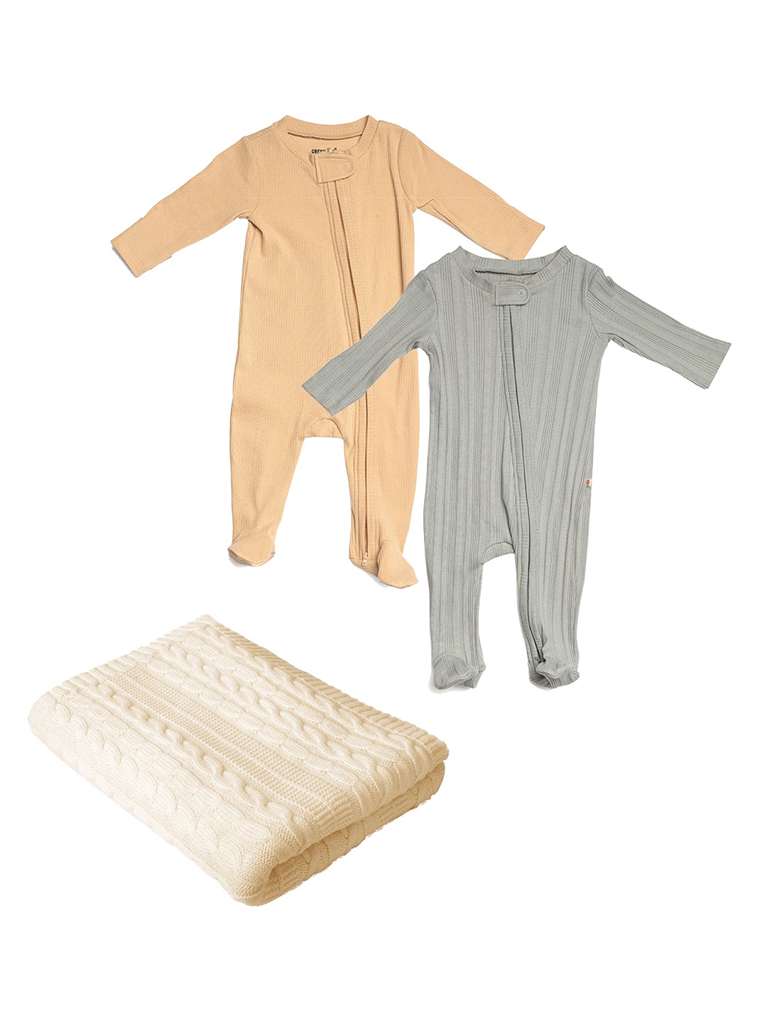 

GREENDIGO Infants Set of 3 Organic Cotton Rompers And Blanket Gift Set, Beige