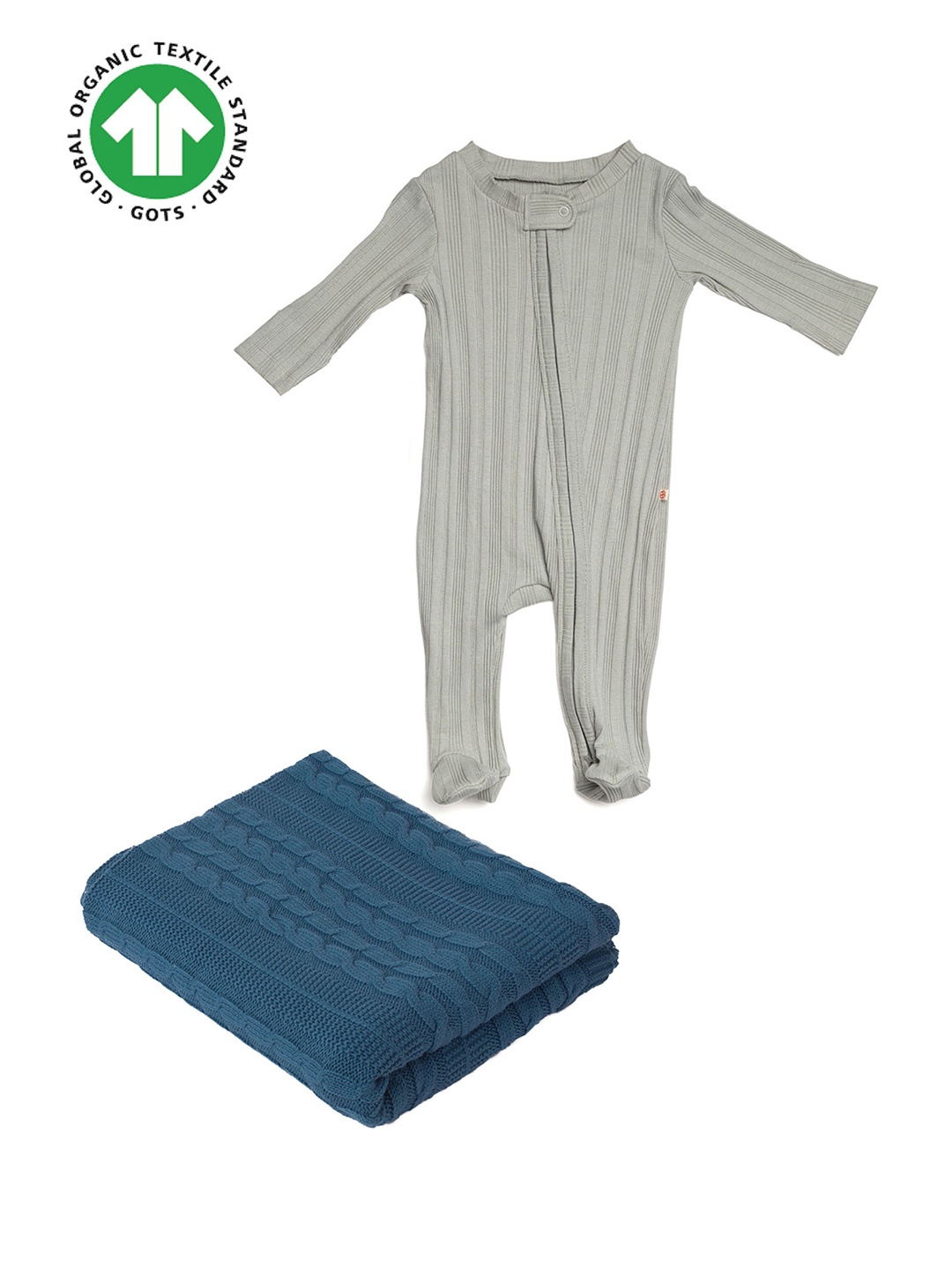 

GREENDIGO Infants Set of 2 Organic Cotton Rompers And Blanket Gift Set, Grey