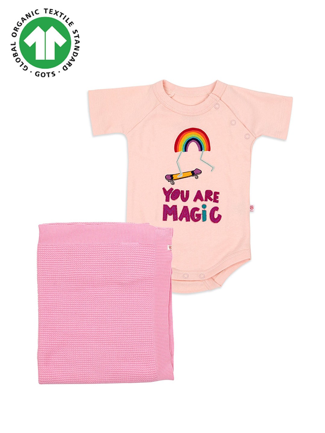 

GREENDIGO Infants Set of 2 Organic Cotton Rompers And Blanket Gift Set, Peach