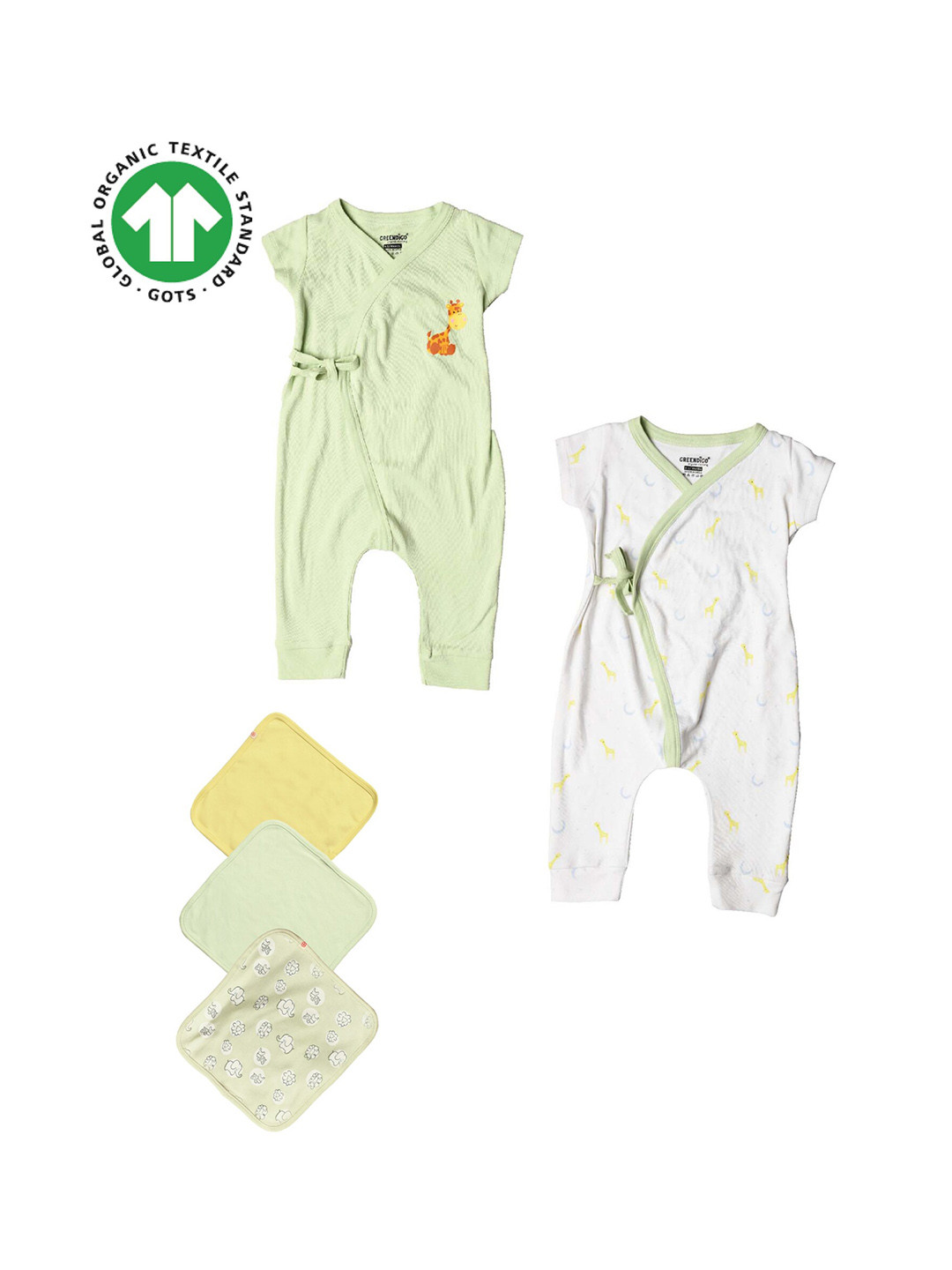 

GREENDIGO Infants Set of 5 Organic Cotton Rompers And Napkin Gift Set, Yellow