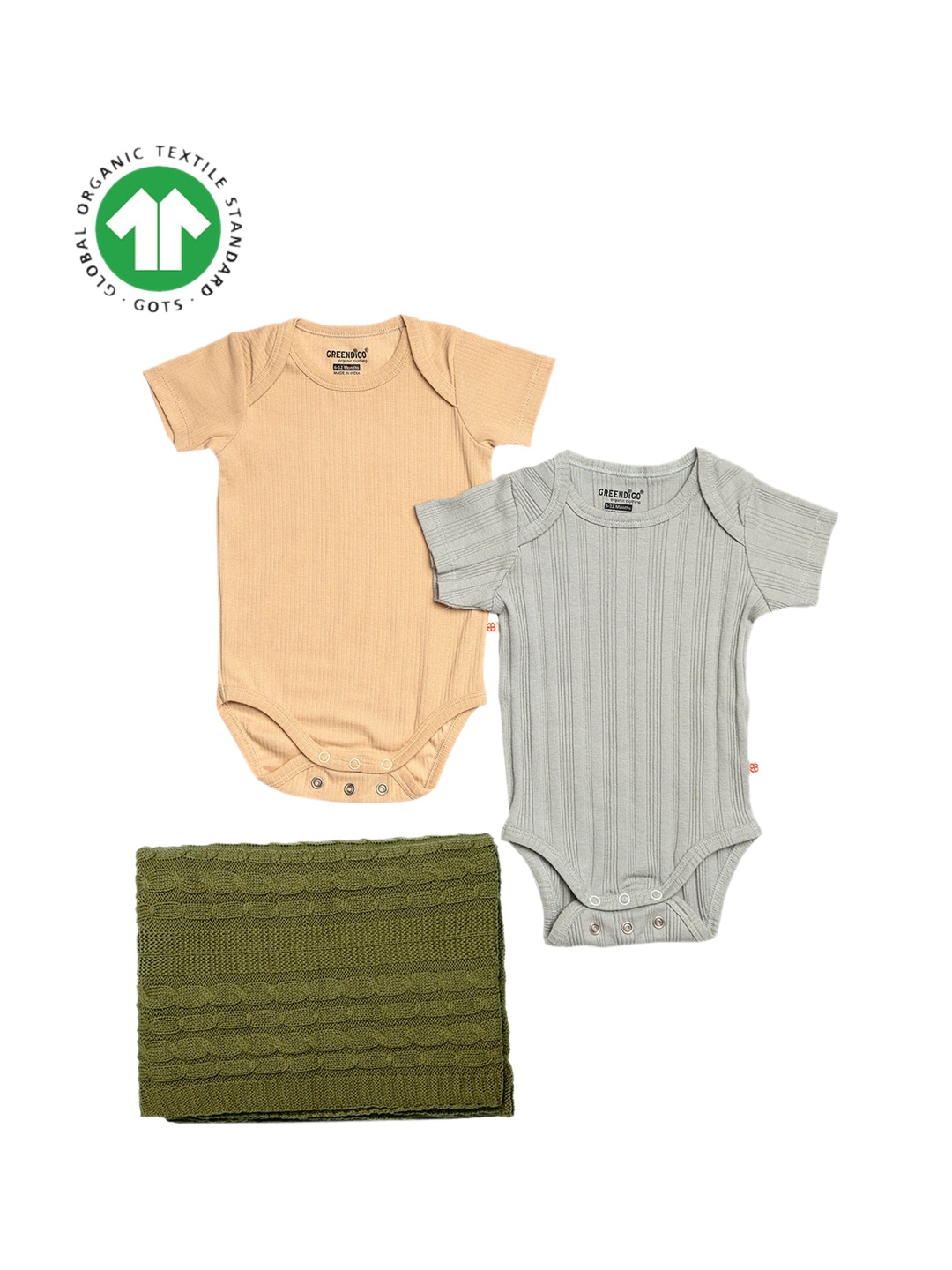 

GREENDIGO Infants Set of 3 Organic Cotton Rompers And Blanket Gift Set, Grey