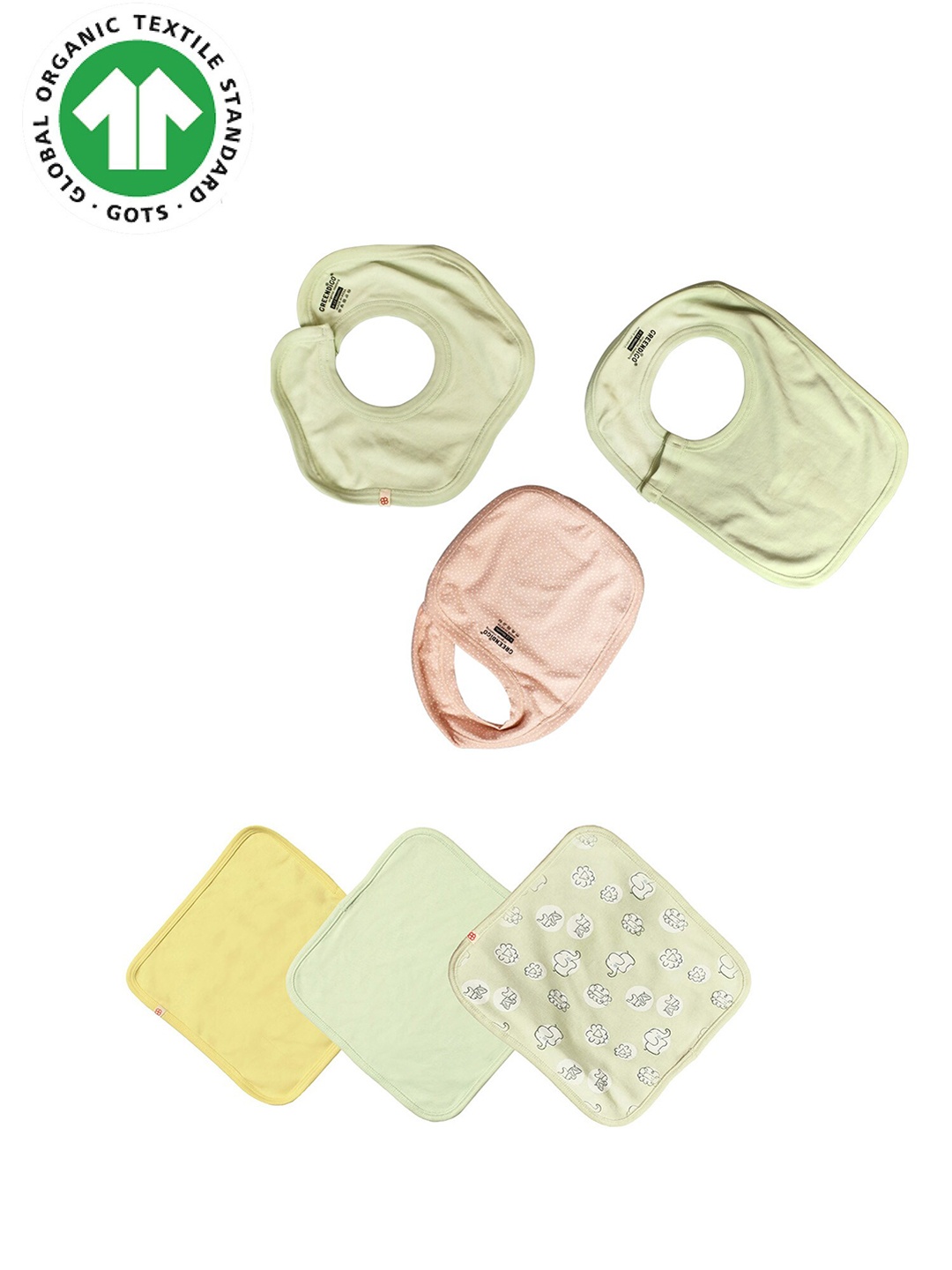 

GREENDIGO Infants Set of 6 Organic Cotton Bibs And Burp Napkin Gift Set, Green