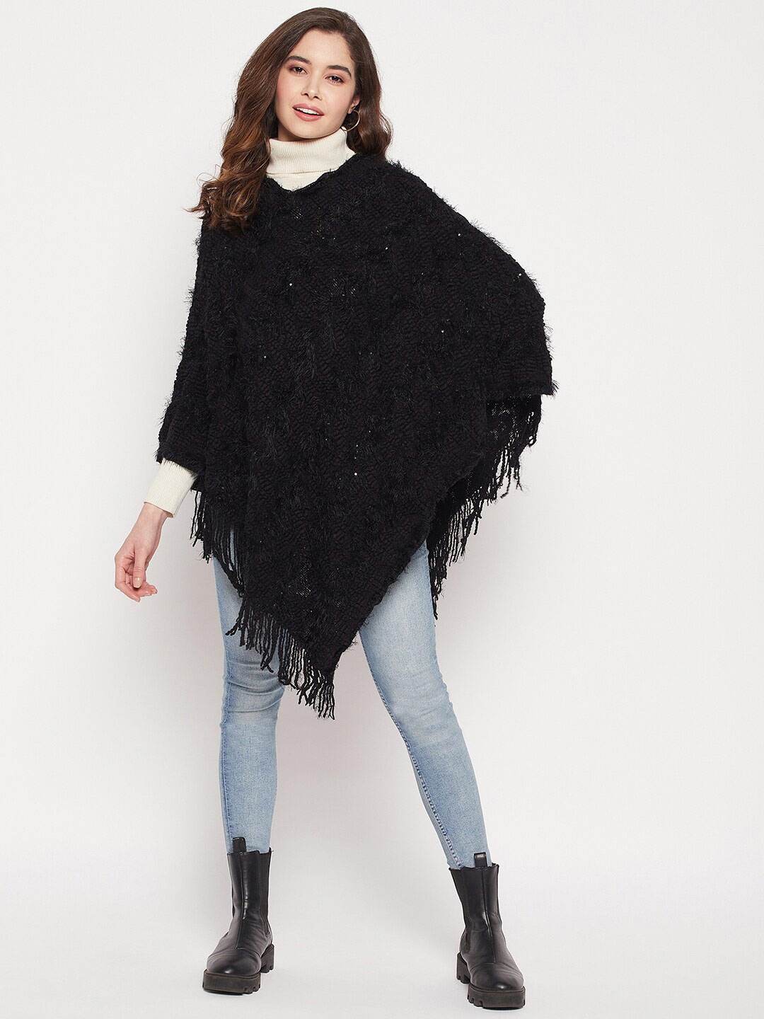 

Camey Women Longline Wool Poncho with Fringed Detail, Black