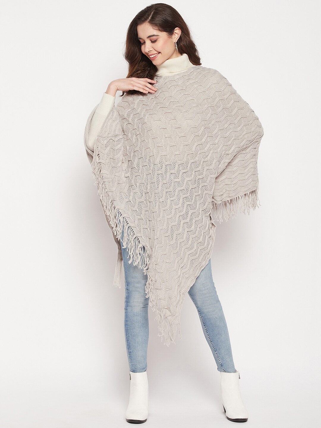 

Camey Women Cable Knit Wool Poncho with Fringed Detail, Grey