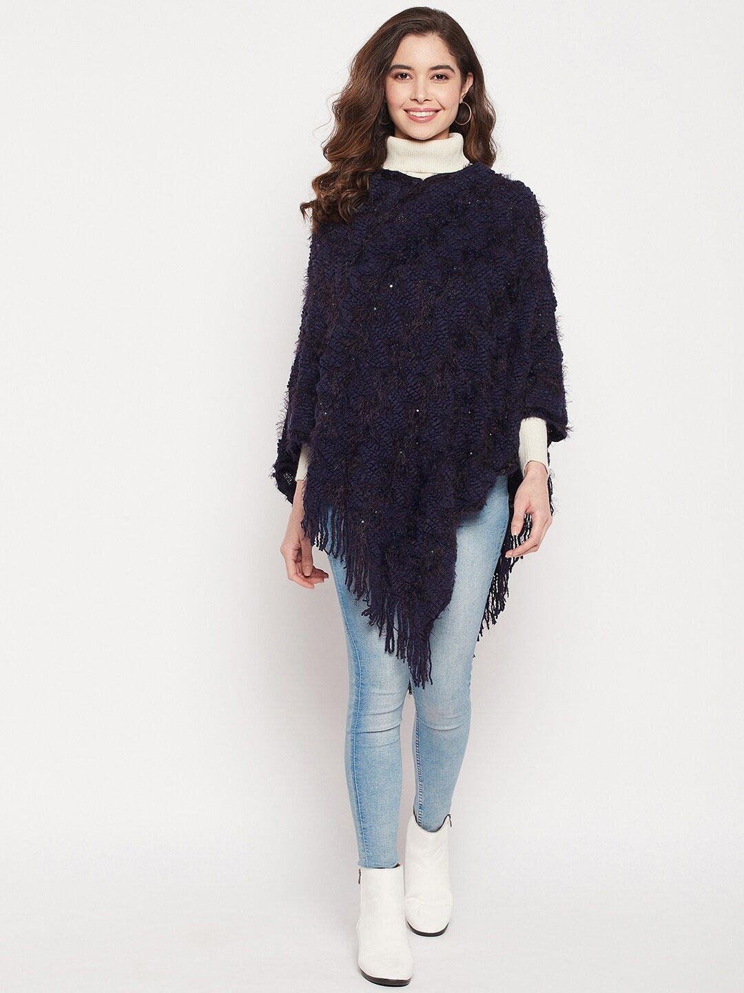 

Camey Women Longline Wool Poncho with Fringed Detail, Navy blue