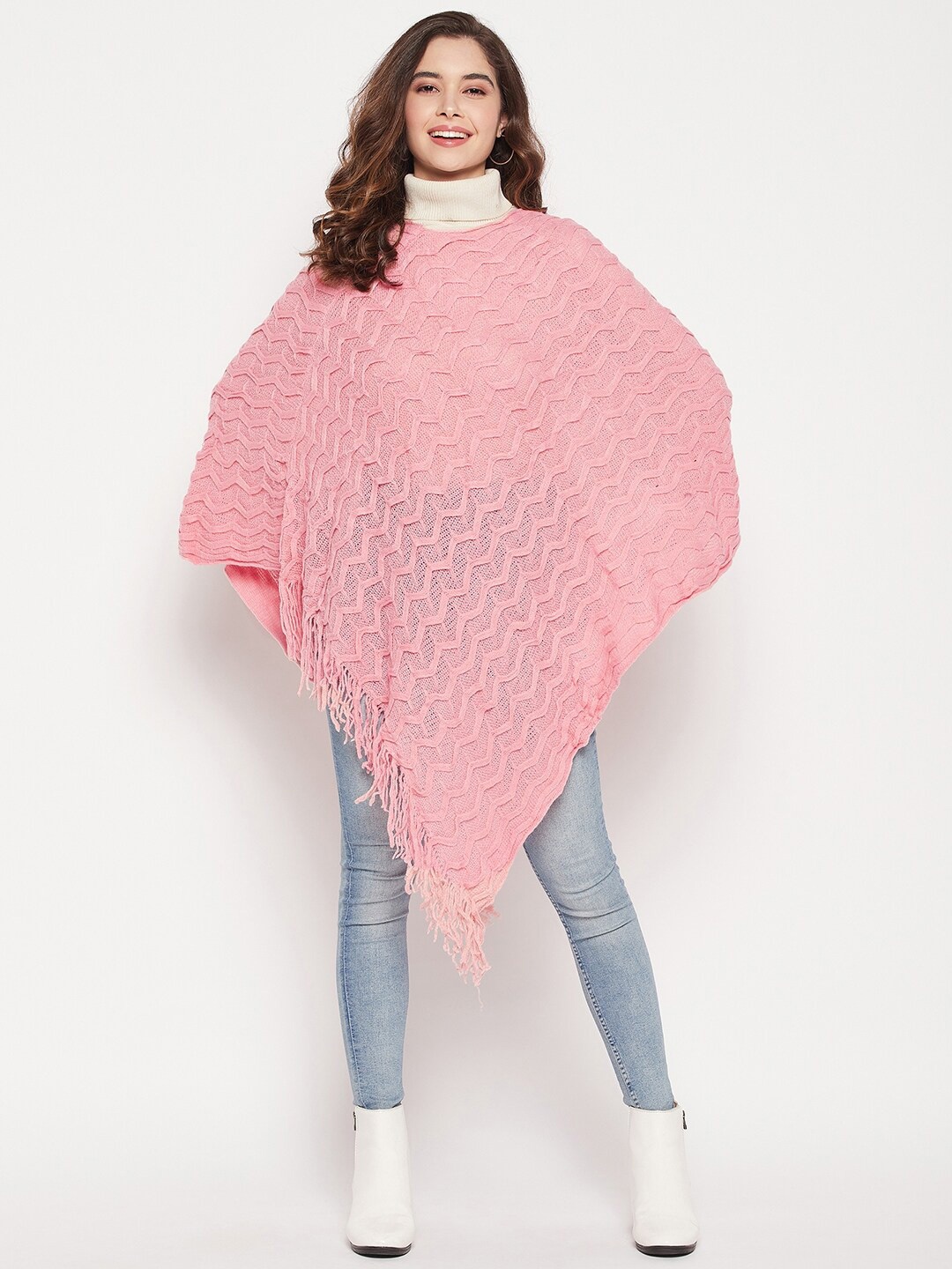 

Camey Women Cable Knit Longline Poncho with Fringed Detail, Pink