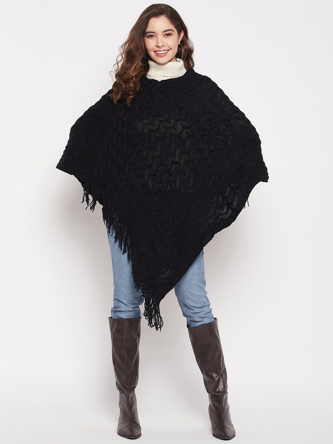 

Camey Women Longline Wool Poncho with Fringed Detail, Black