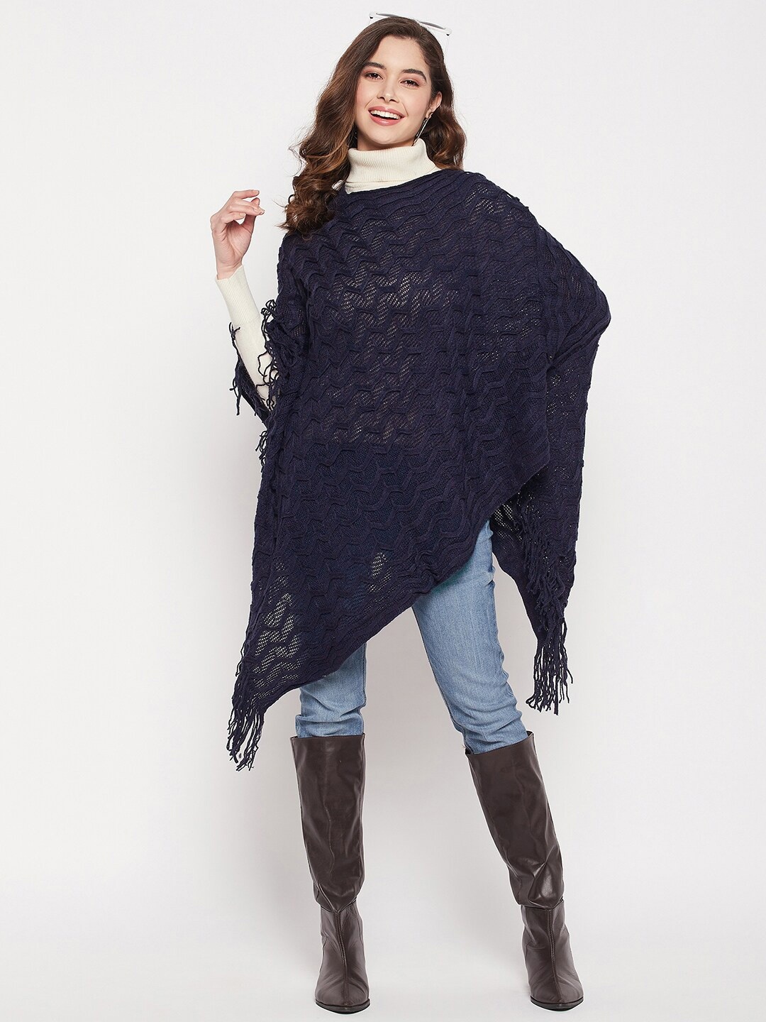 

Camey Women V-Neck Cable Knit Wool Poncho, Navy blue