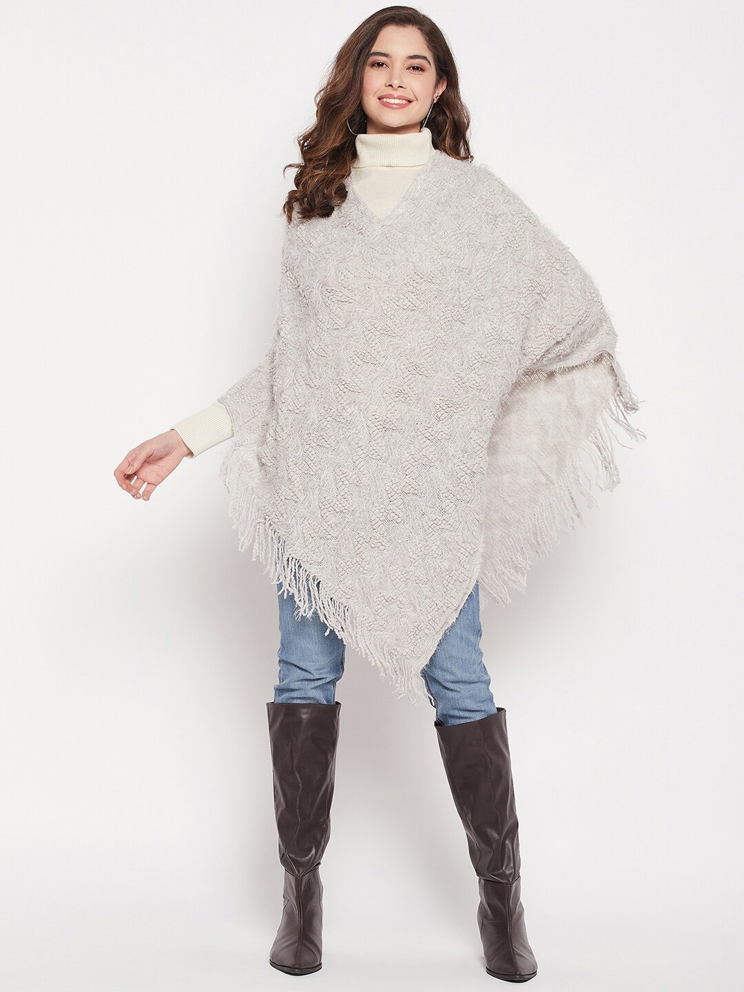 

Camey Women V-Neck Cable Knit Wool Poncho, Grey