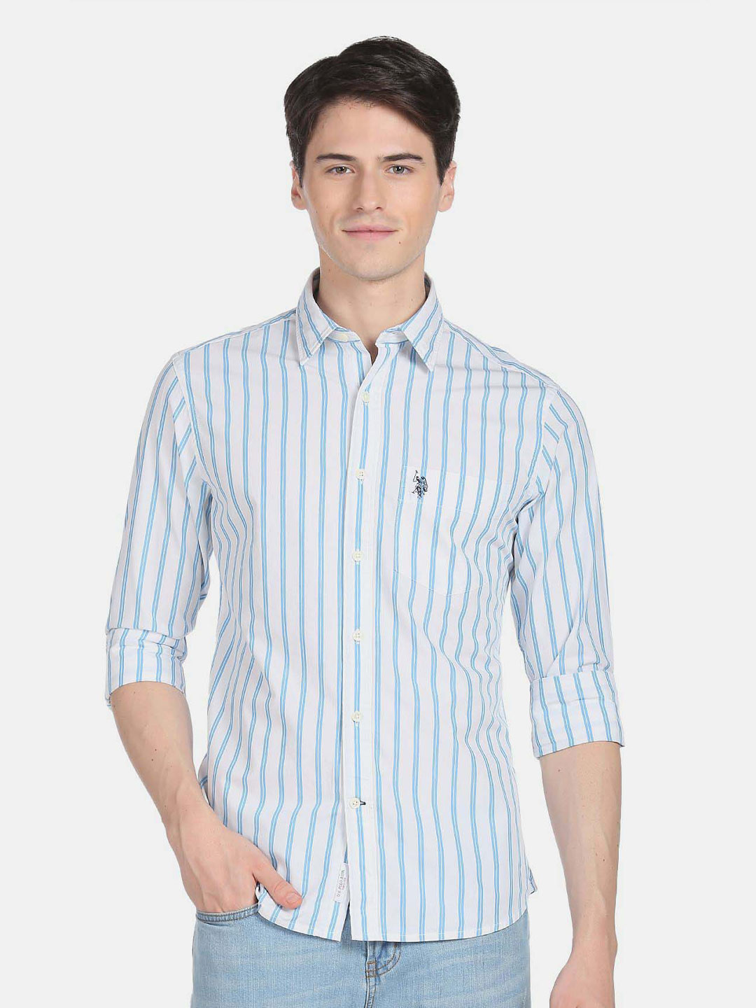 

U.S. Polo Assn. Men Striped Pure Cotton Casual Shirt, White