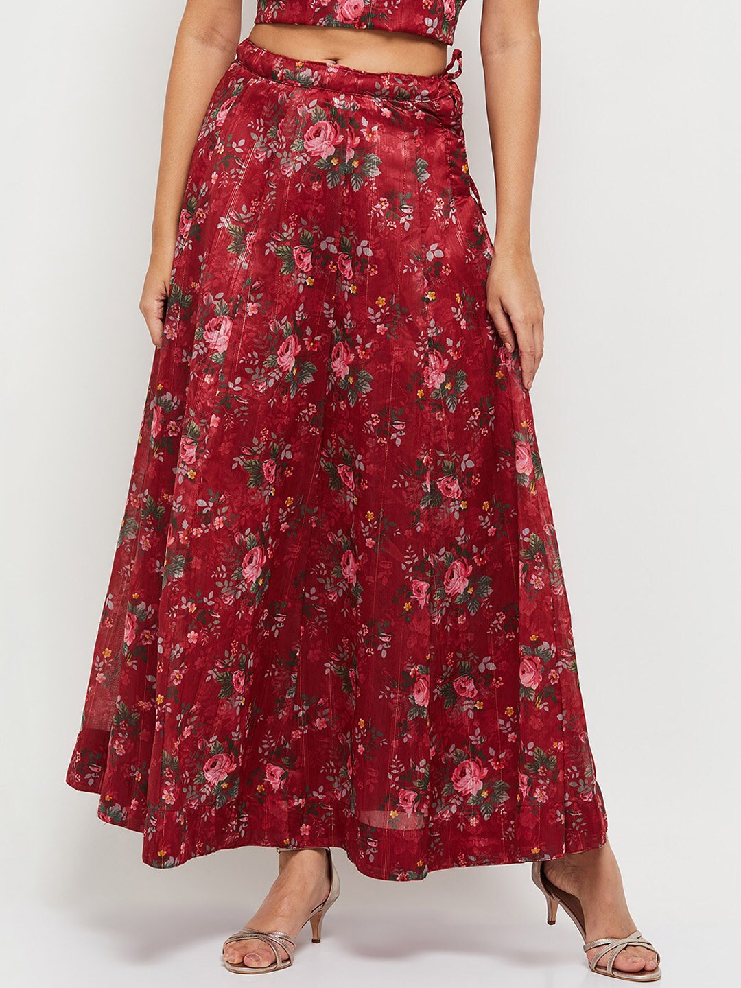 

max Floral Printed Flared Maxi Skirt, Maroon