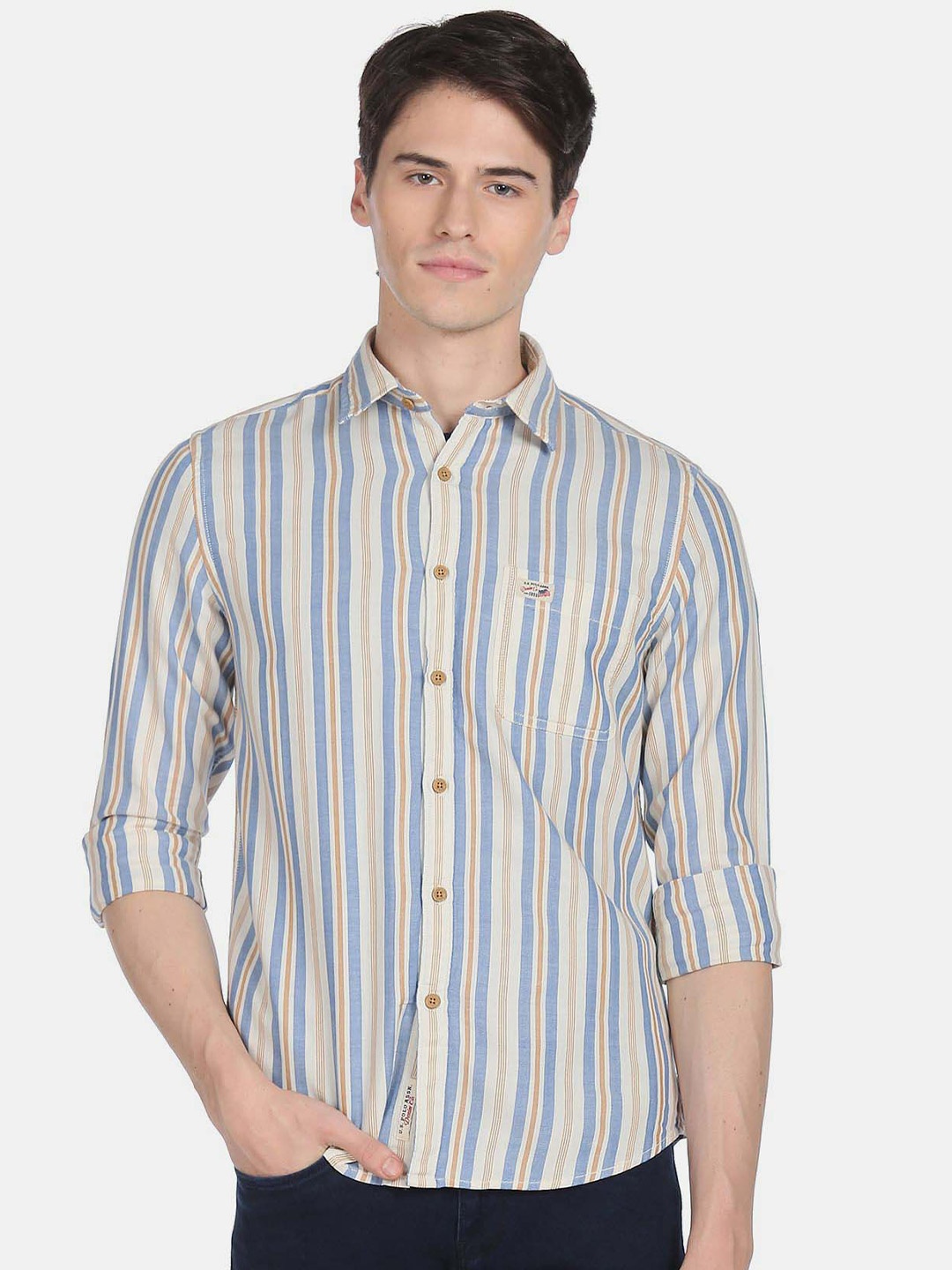 

U.S. Polo Assn. Denim Co. Men Striped Pure Cotton Casual Shirt, Off white