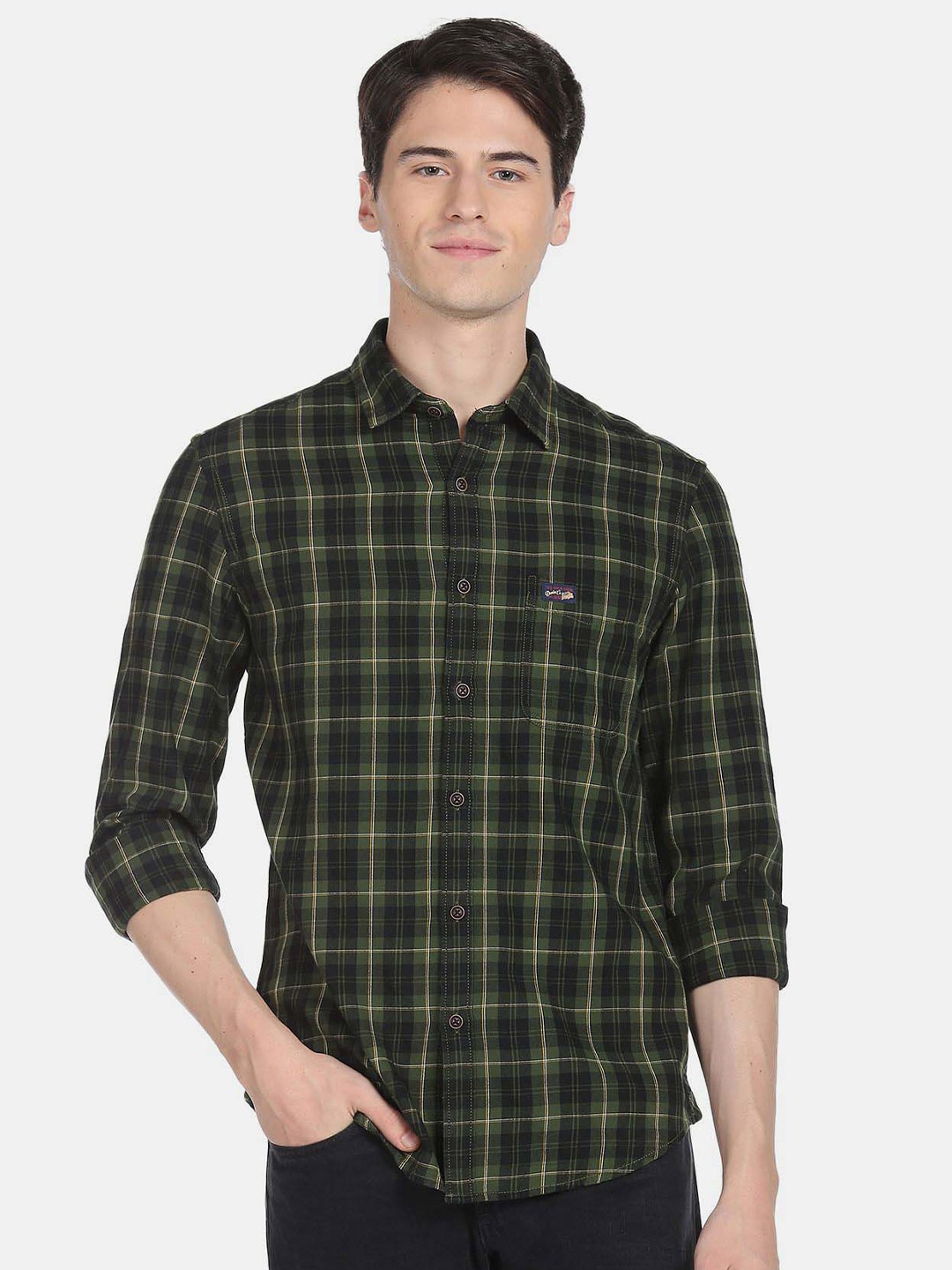 

U.S. Polo Assn. Denim Co. Men Green Tartan Checks Checked Casual Pure Cotton Shirt