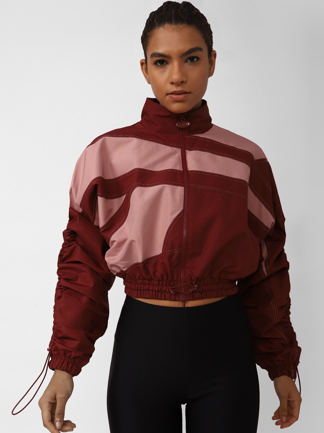 

Reebok Women Classics Cardi B Woven Satin Colourblocked Crop Sporty Jacket, Red