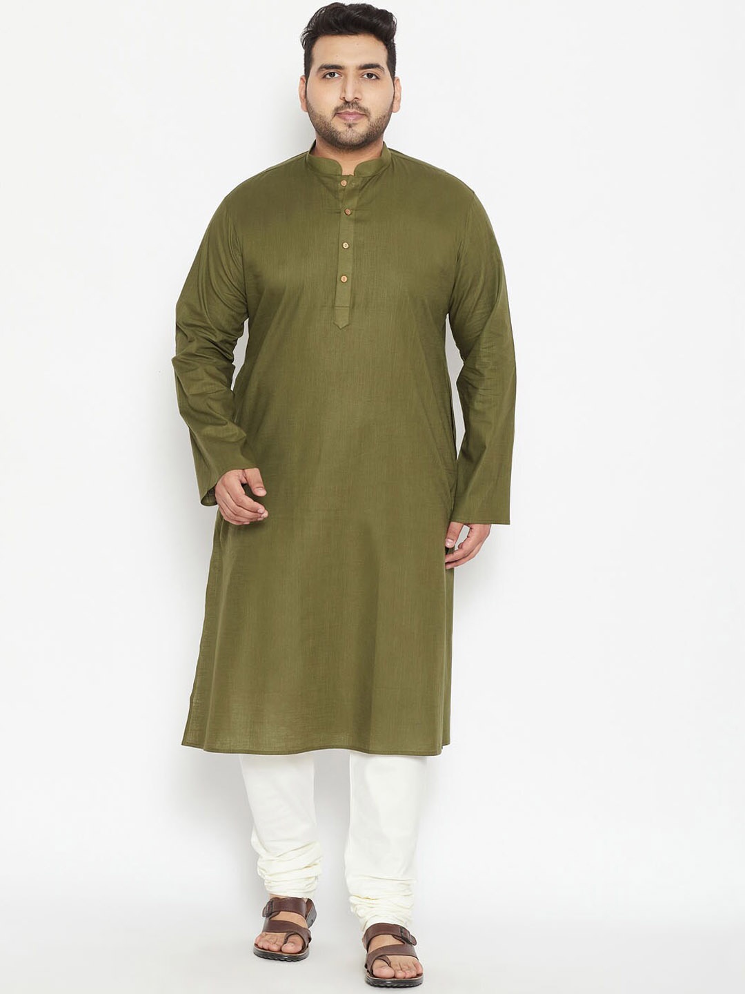 

VASTRAMAY PLUS Men Plus Size Mandarin collar Kurta with Churidar, Olive