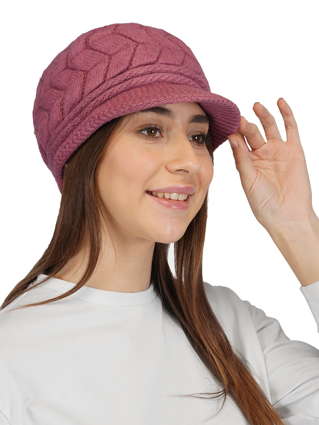 

iSWEVEN Women Self Design Woolen Winter Visor Caps, Pink