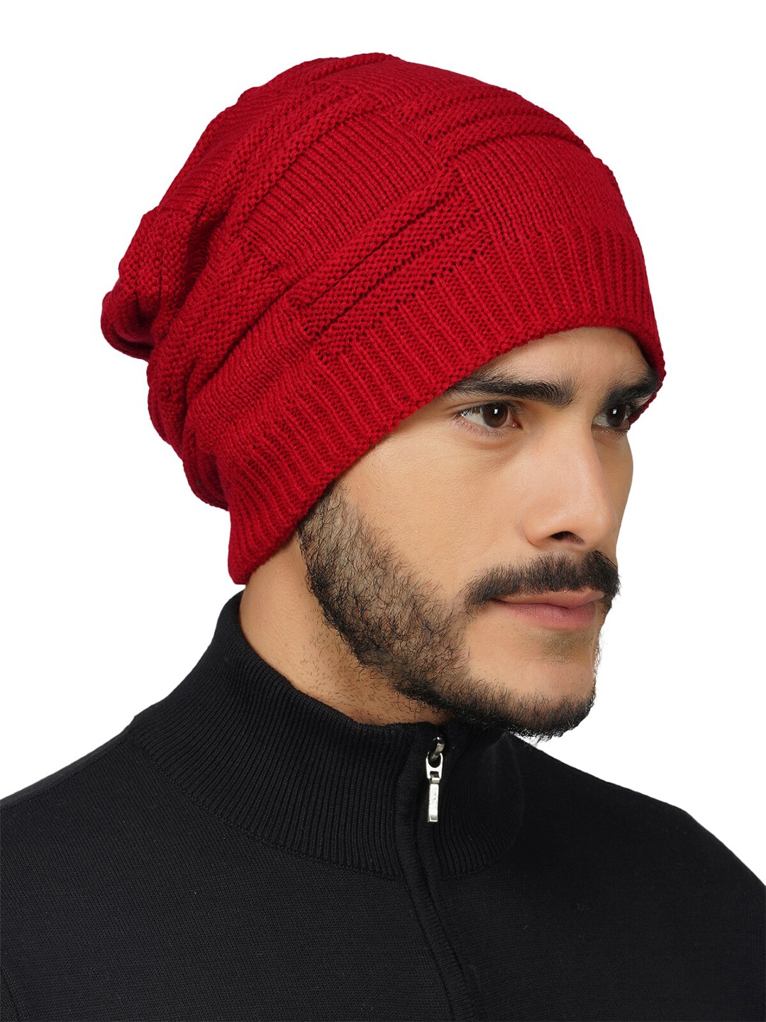 

iSWEVEN Self Design Woolen Winter Beanie Caps, Red