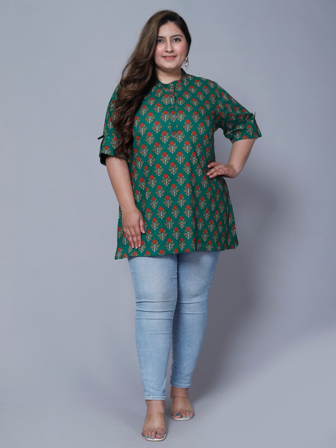 

Swasti Women Plus Size Floral Printed Pure Cotton Kurti, Green