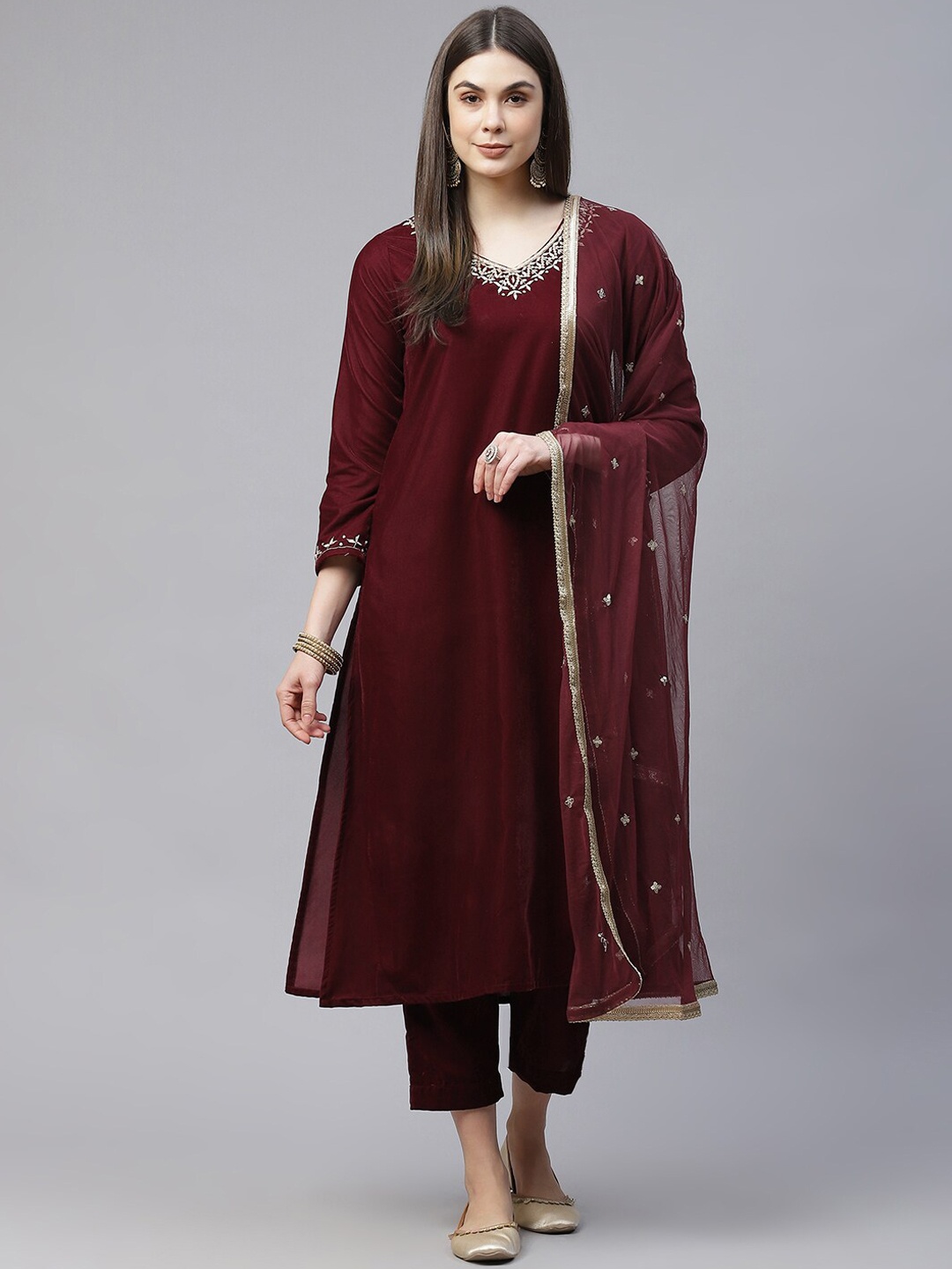 

Divena Women Floral Yoke Design Zardozi Velvet Kurta With Trousers & Dupatta, Maroon