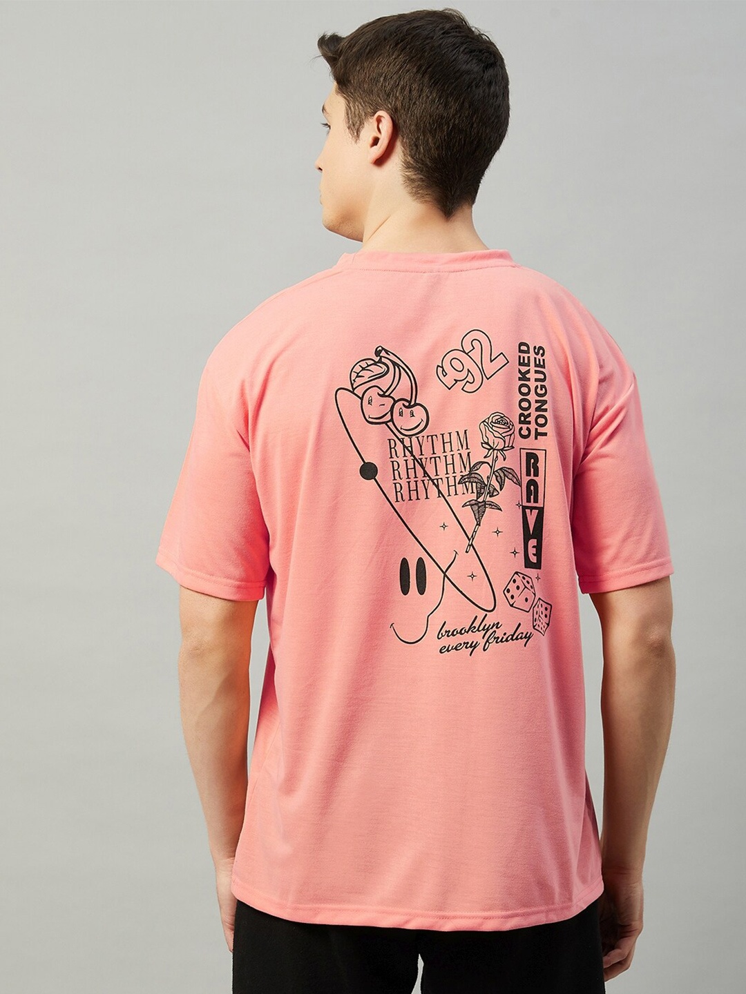 

GRITSTONES Men Typography Printed Oversize Cotton T-shirt, Coral