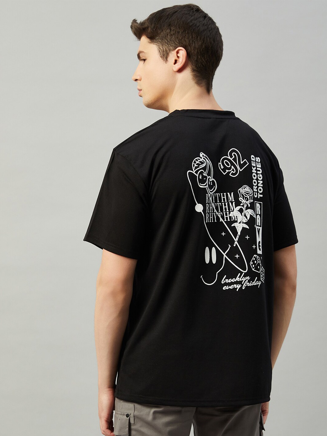 

GRITSTONES Men Typography Printed Drop-Shoulder Sleeves Cotton Oversize T-shirt, Black