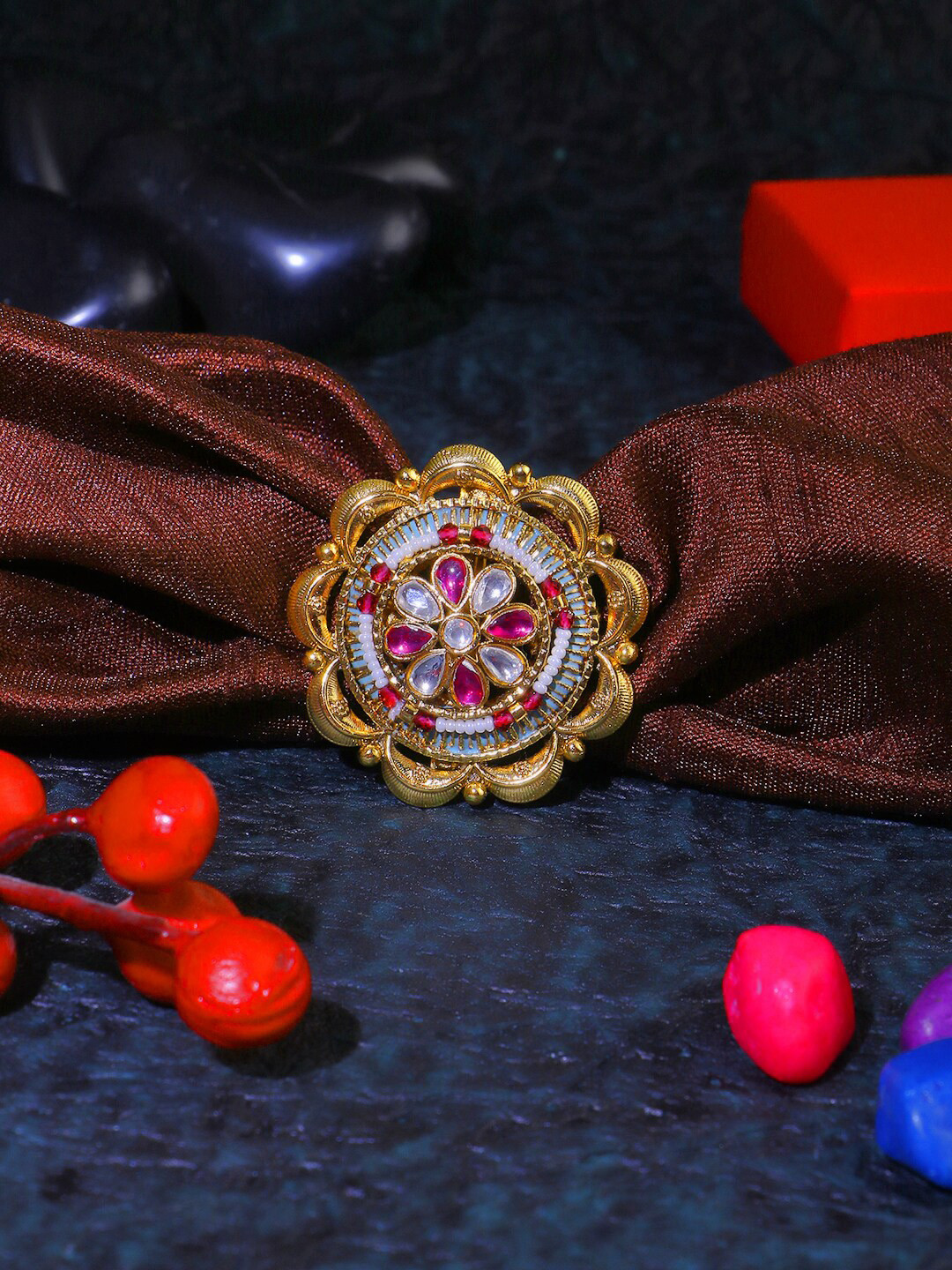 

Adwitiya Collection Gold-Plated Kundan Studded & Flower Finger Ring