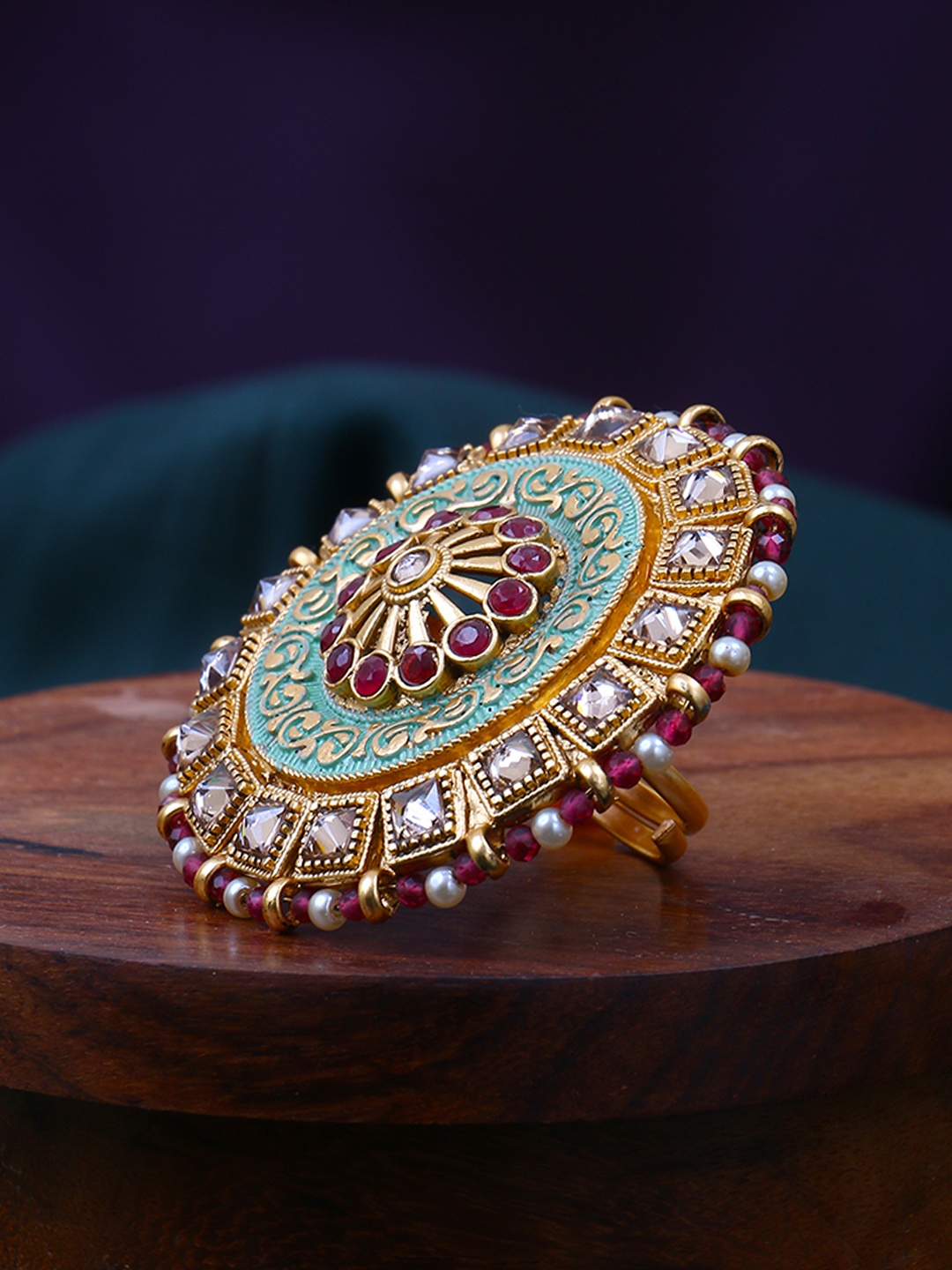 

Adwitiya Collection 24CT Gold-Plated Stone-Studded & Pearl Beaded Adjustable Finger Ring