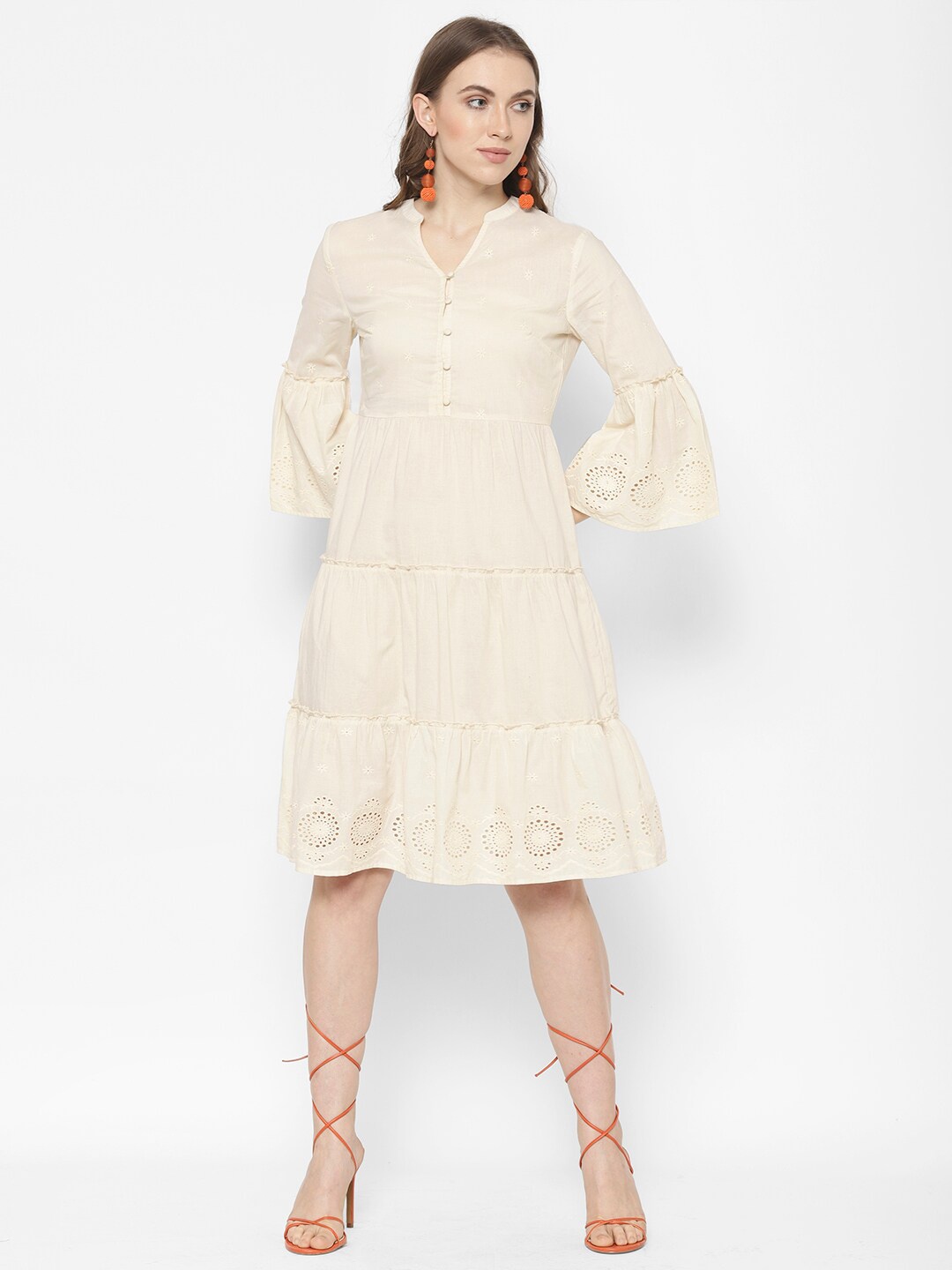 

HOUSE OF KKARMA Embroidered Fit And Flare Cotton Dress, Cream