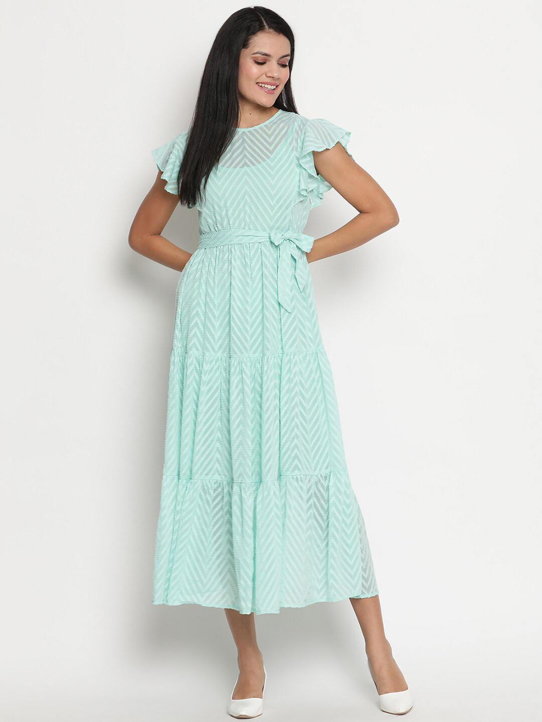 

HOUSE OF KKARMA Chevron Self design Midi Fit & Flare Dress, Sea green