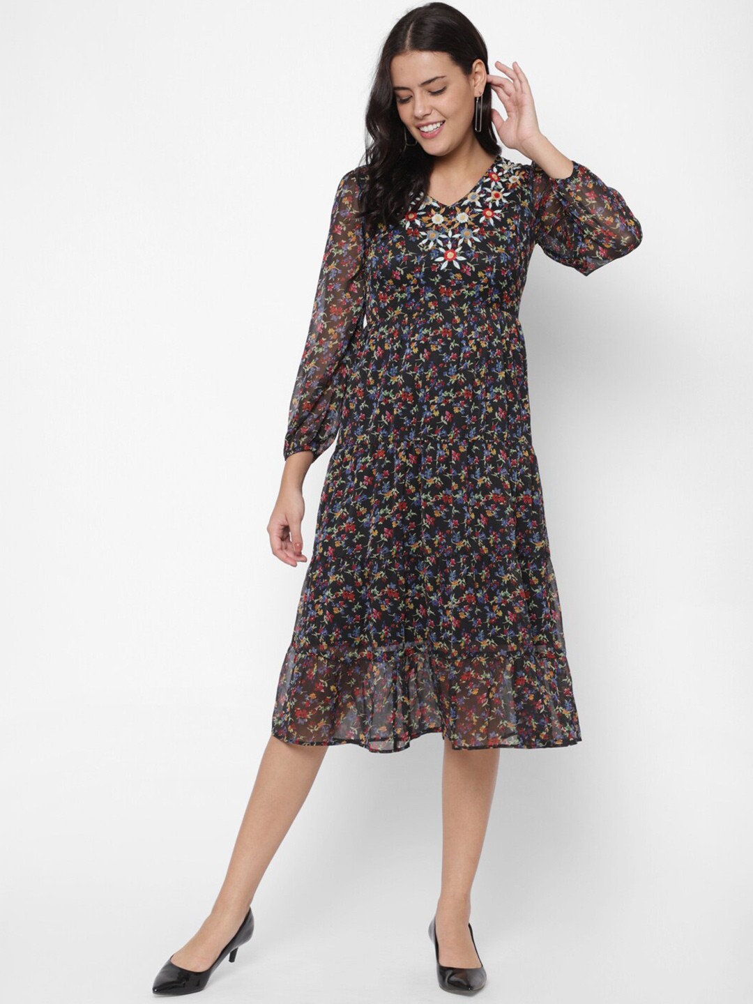 

HOUSE OF KKARMA Floral Georgette Tiered Midi Dress, Black