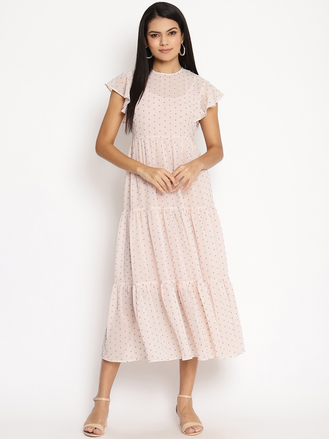 

HOUSE OF KKARMA Flutter Sleeves Fit & Flare Midi Dress, Peach