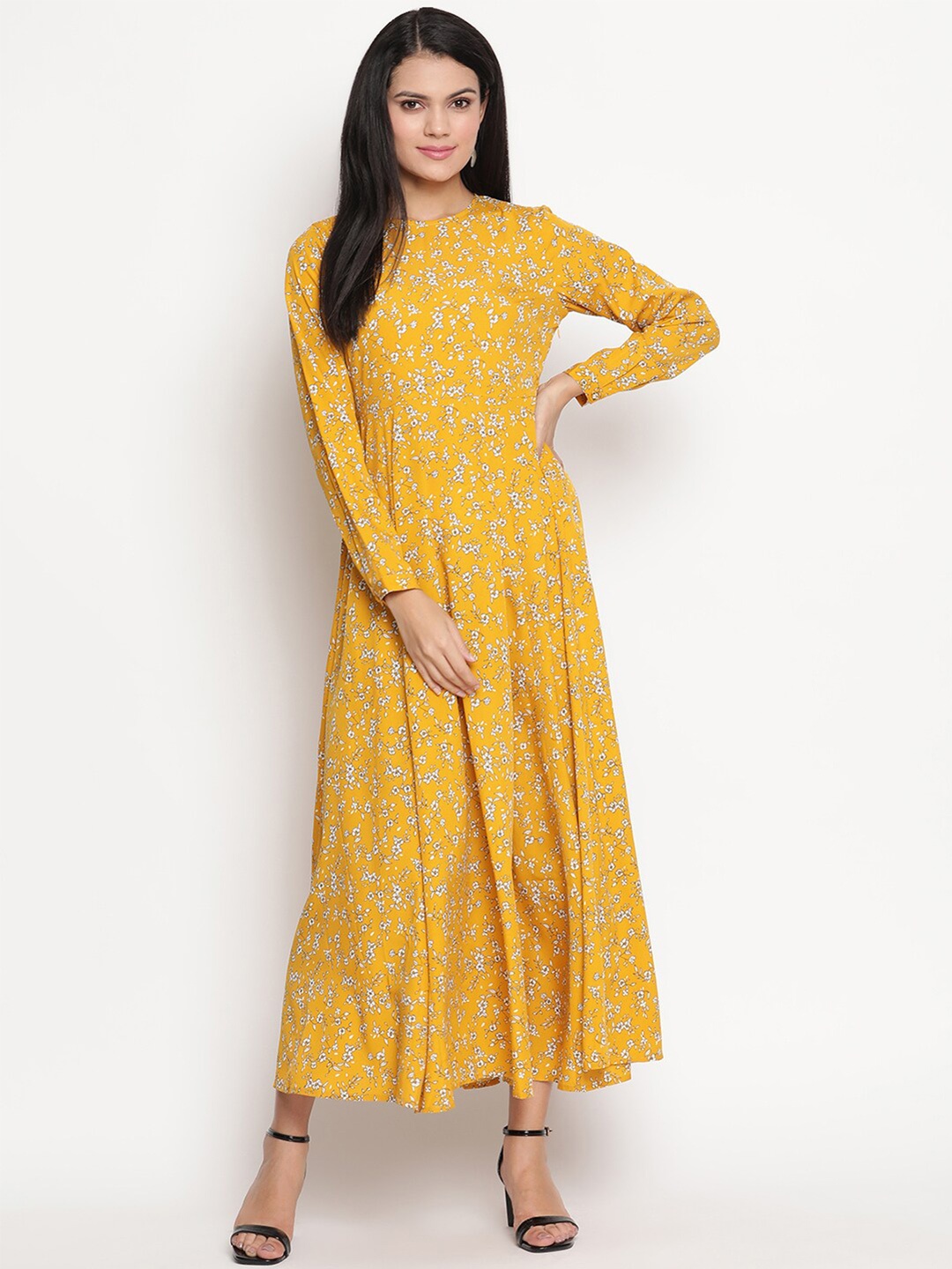 

HOUSE OF KKARMA Floral Printed Round Neck A-Line Dress, Yellow