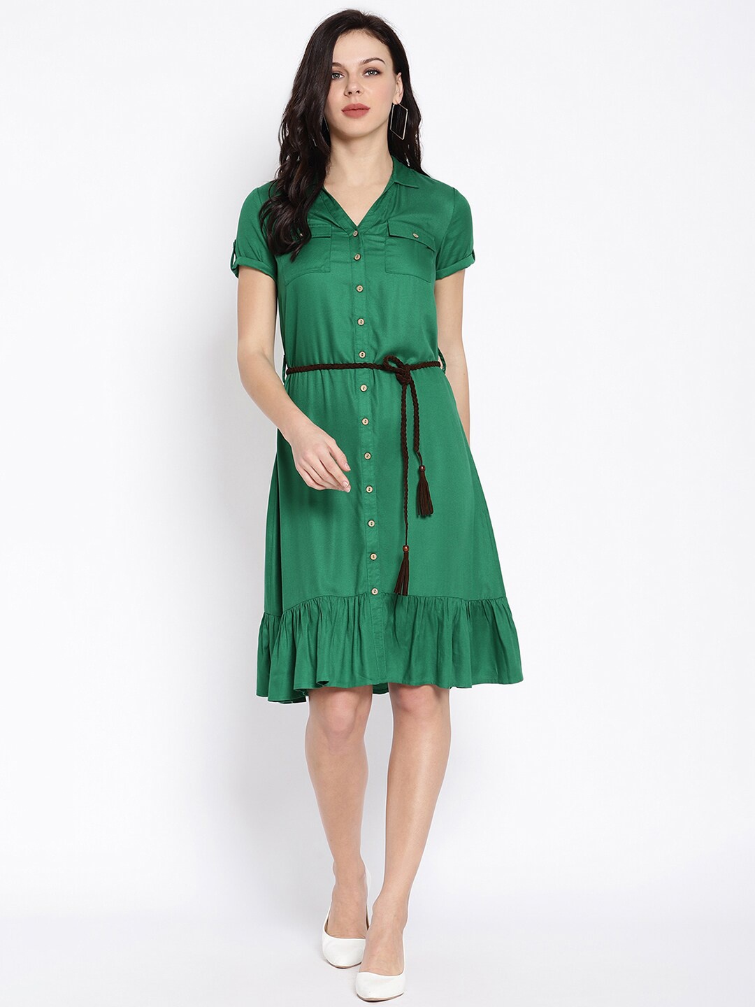 

HOUSE OF KKARMA Short Sleeve Cotton Shirt Dress, Green