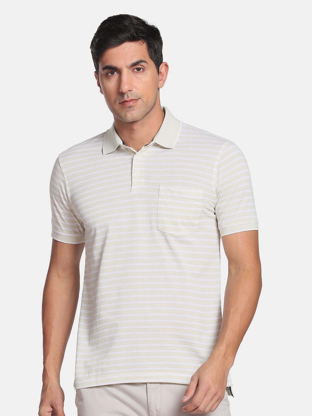 

Arrow Men Striped Polo Collar Pure Cotton T-shirt, Cream