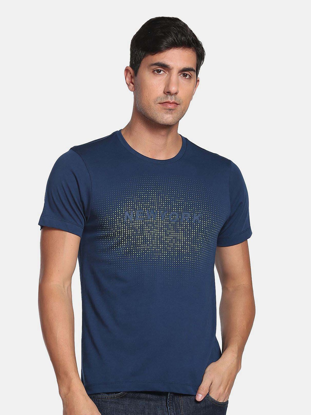 

Arrow New York Men Typography Printed Pure Cotton T-shirt, Navy blue