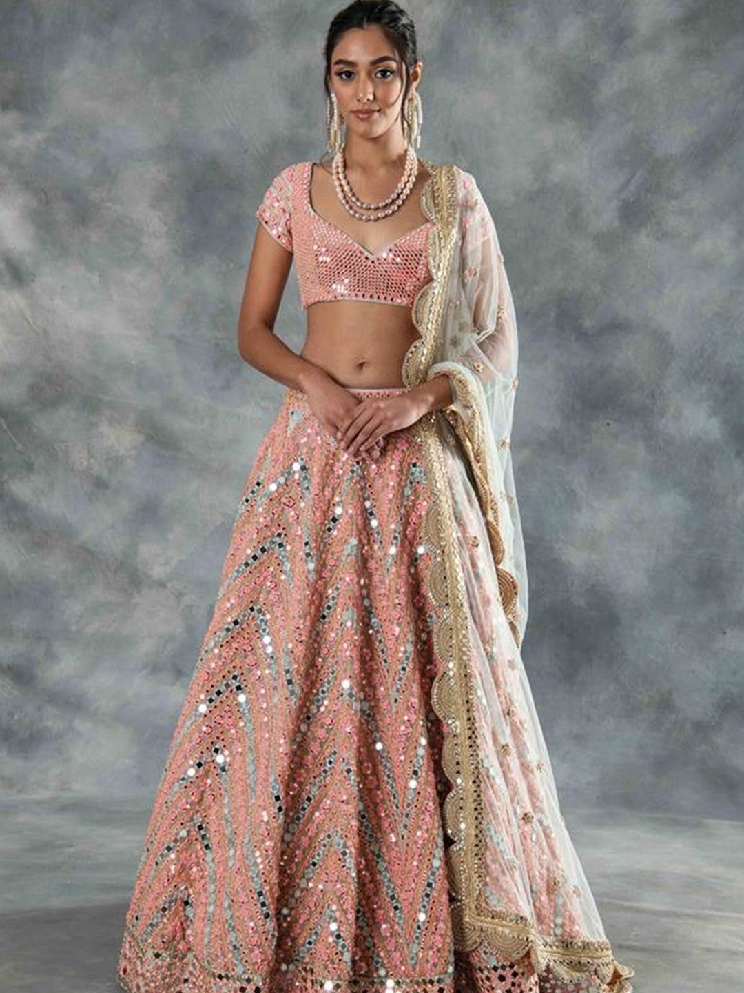 

ODETTE Pink Embroidered Mirror Work Semi-Stitched Lehenga Choli