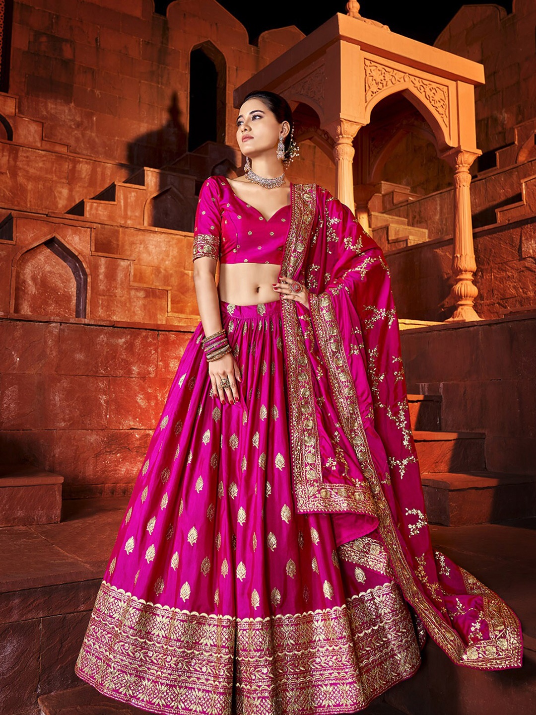 

ODETTE Pink Embroidered Thread Work Semi-Stitched Lehenga Choli