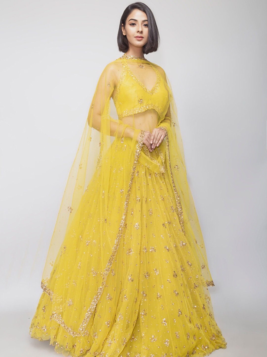 

ODETTE Embellished Sequinned Semi-Stitched Lehenga Choli, Yellow