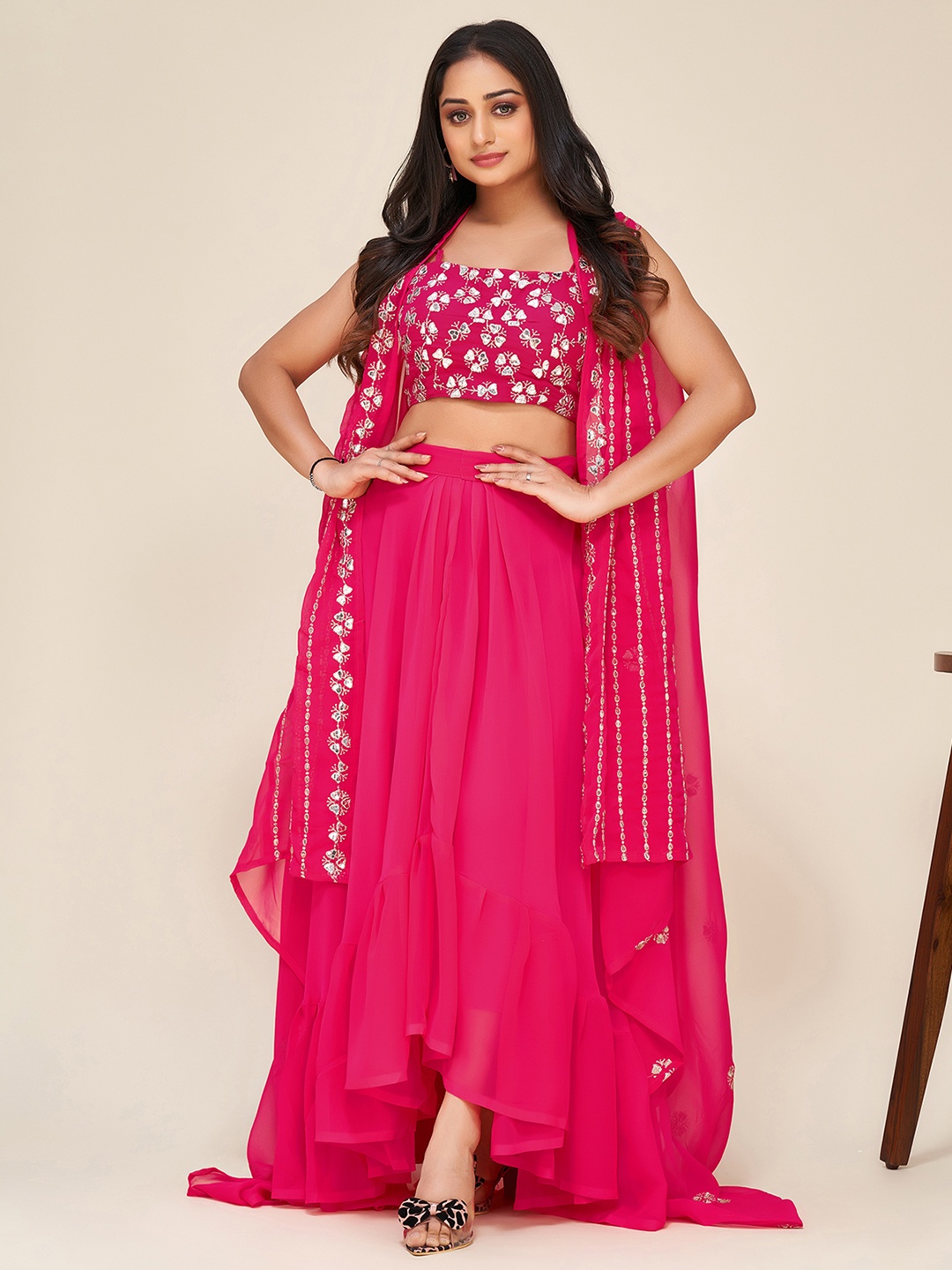 

ODETTE Embroidered Sequinned Semi-Stitched Lehenga Choli, Pink
