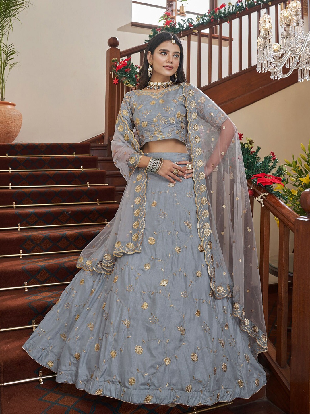 

ODETTE Semi-Stitched Lehenga Choli, Grey