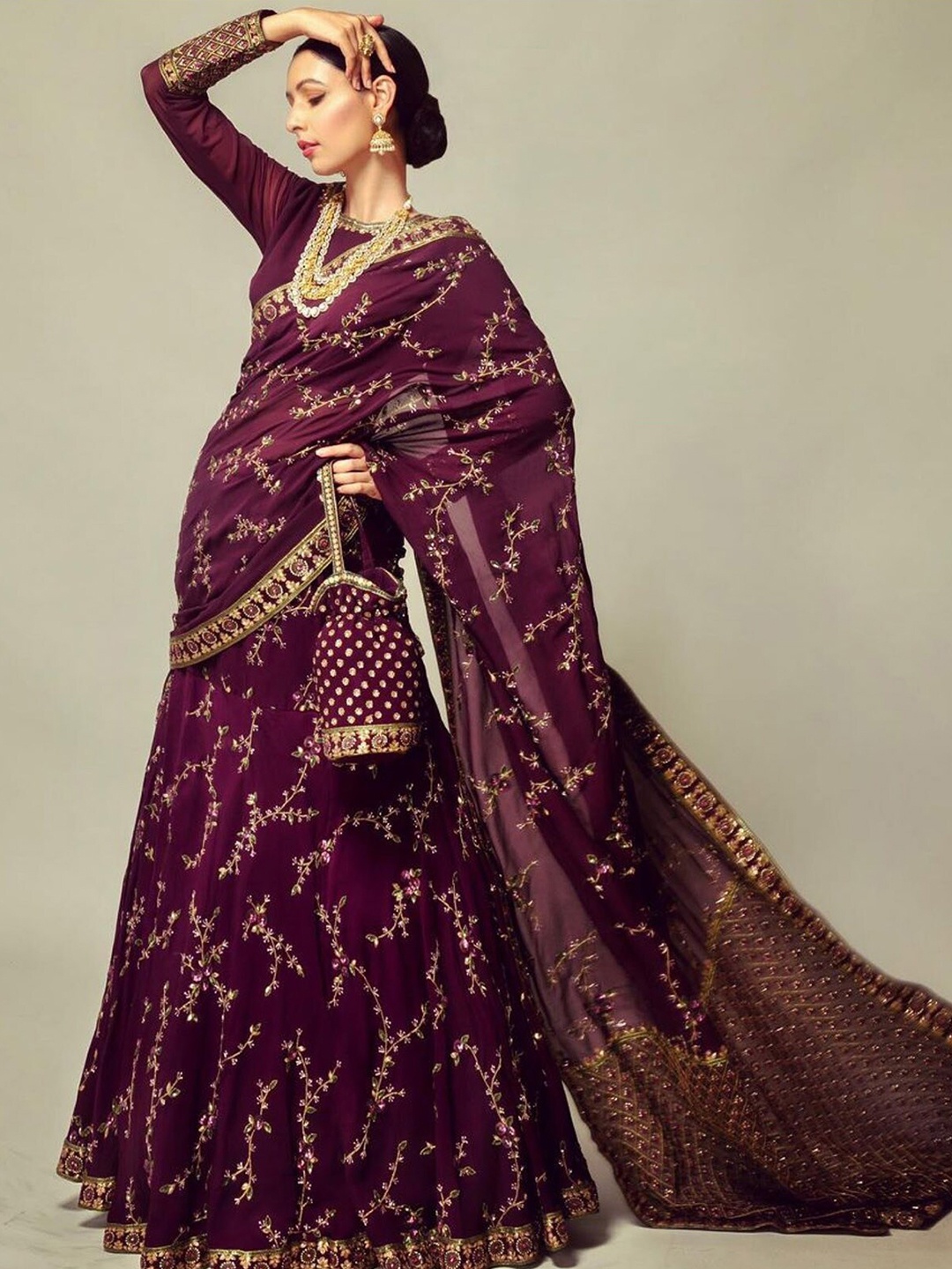 

ODETTE Embroidered Thread Work Semi-Stitched Lehenga Choli, Purple