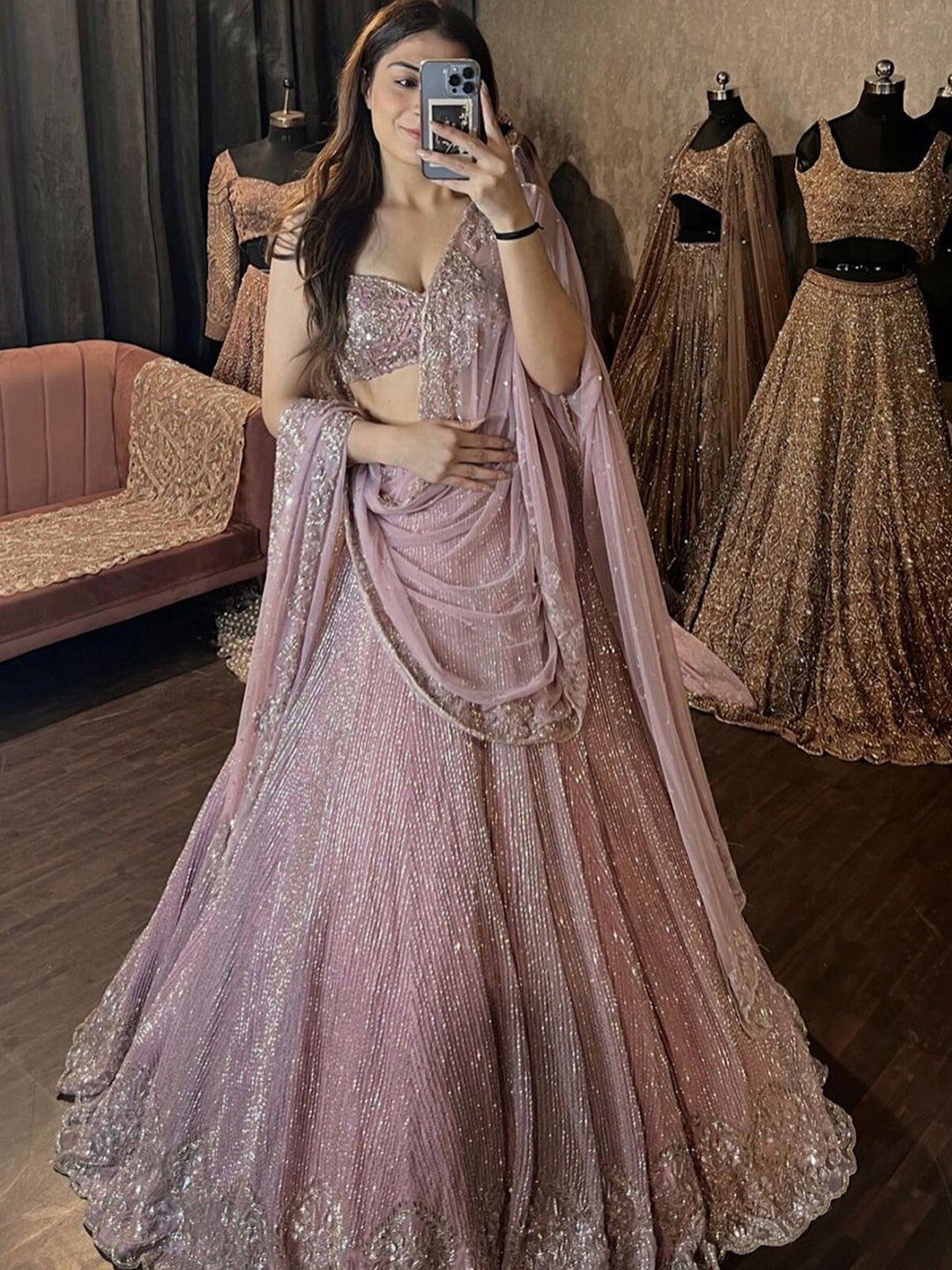 

ODETTE Embellished Sequinned Semi-Stitched Lehenga Choli, Pink