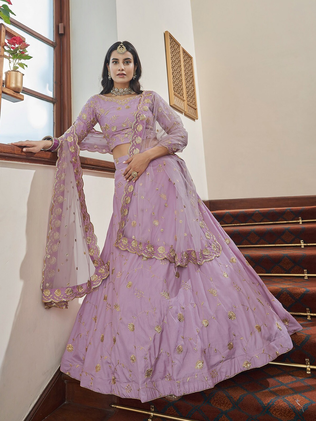 

ODETTE Embroidered Sequinned Semi-Stitched Lehenga Choli, Lavender