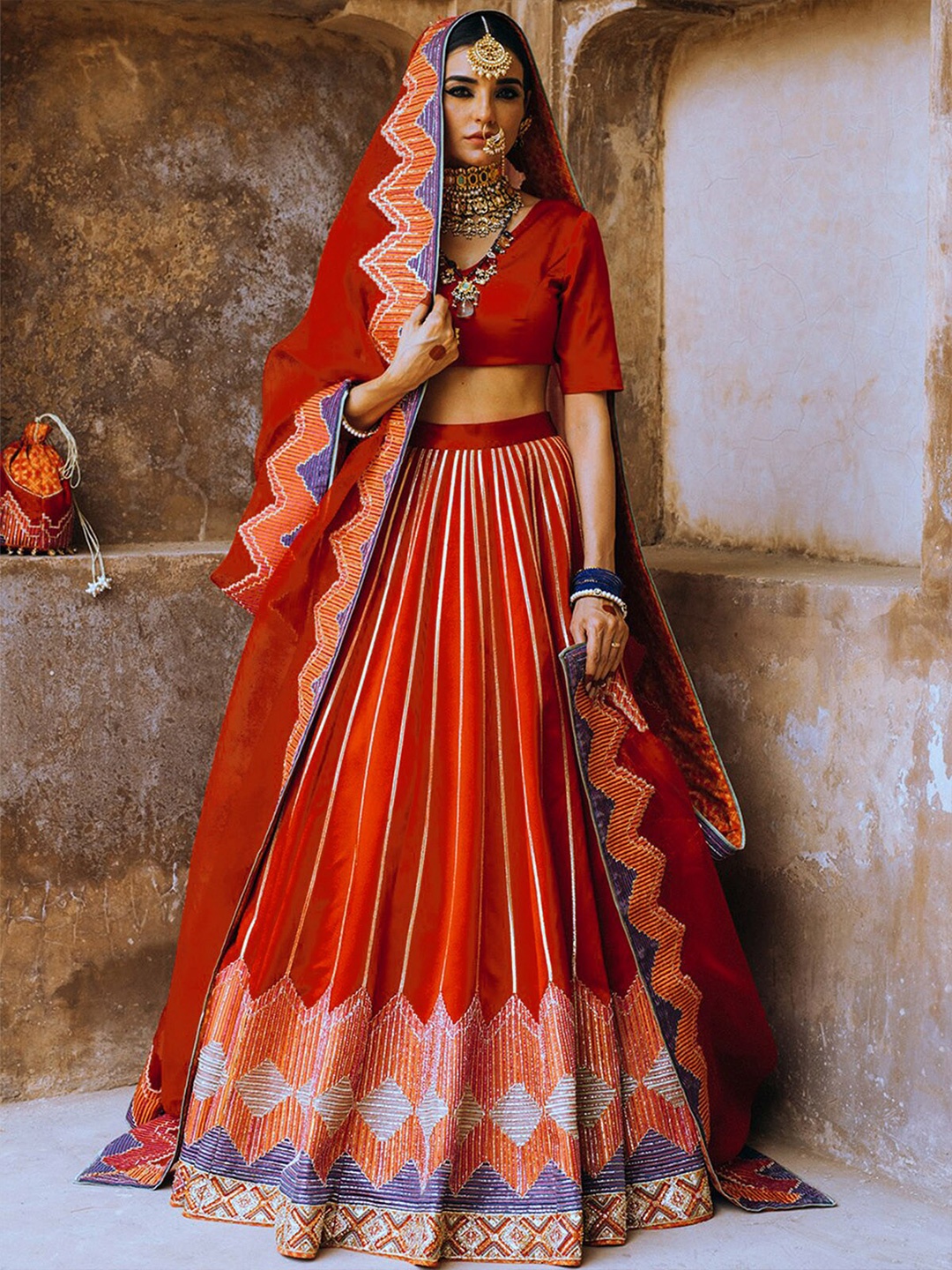 

ODETTE Semi-Stitched Lehenga Choli, Red