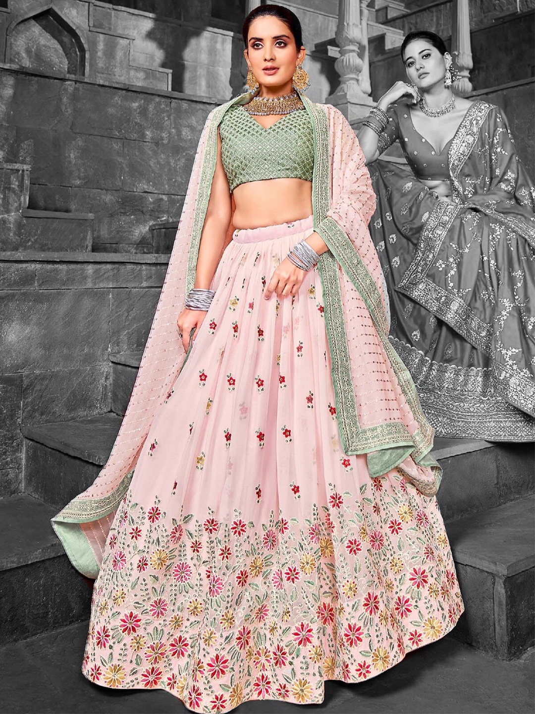 

ODETTE Embellished Sequinned Semi-Stitched Lehenga & Unstitched Blouse With Dupatta, Pink
