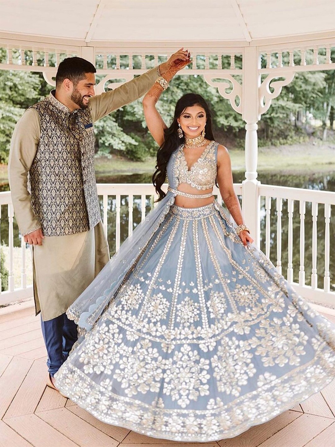 

ODETTE Embroidered Semi-Stitched Lehenga & Unstitched Blouse With Dupatta, Blue