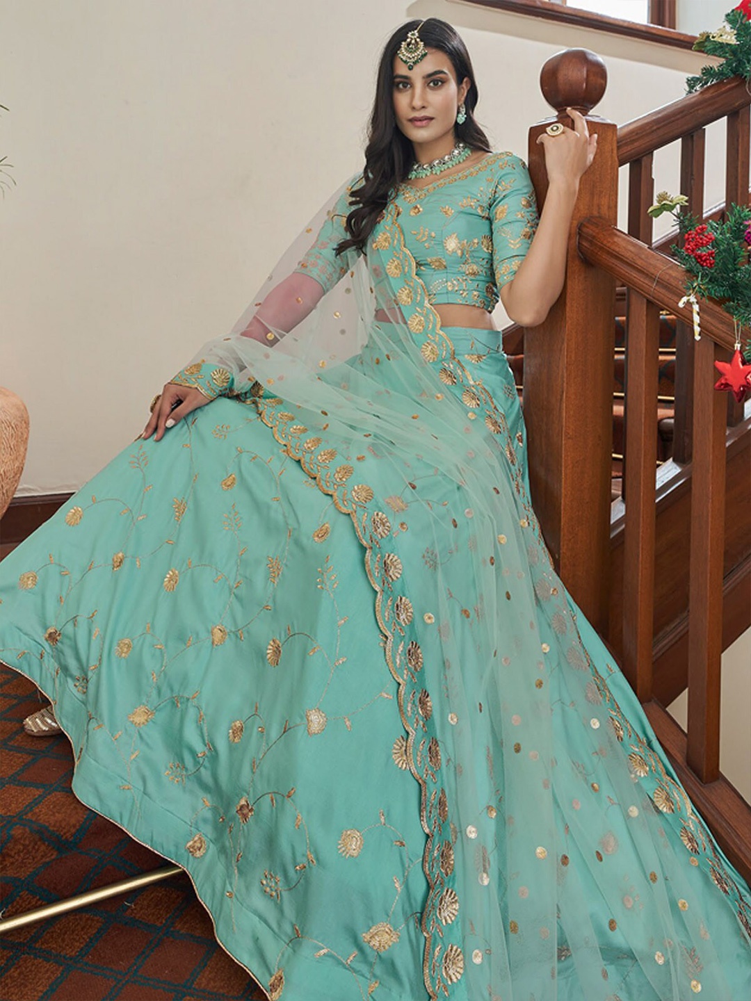 

ODETTE Embroidered Semi-Stitched Lehenga & Unstitched Blouse With Dupatta, Sea green